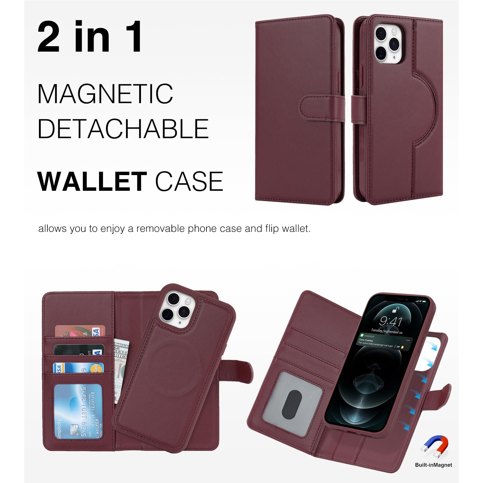 Custodia a portafoglio per iPhone in pelle rossa fatta a mano