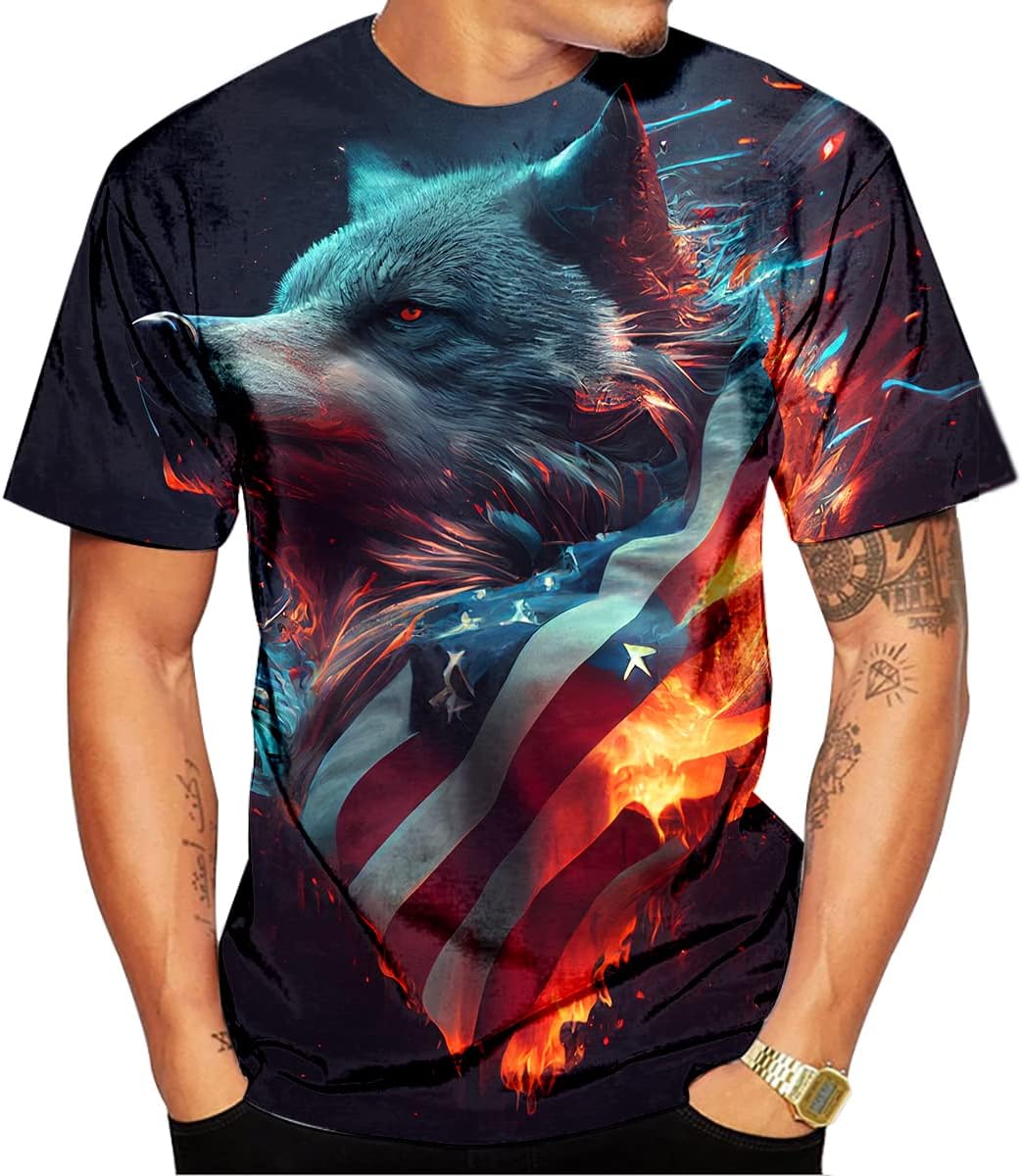 LAOLIUSN Tricolour T-shirt for Men Summer Short Sleeve Tees Tops Mexico Theme Shirt Wolf Graphic Shirt - Image 2