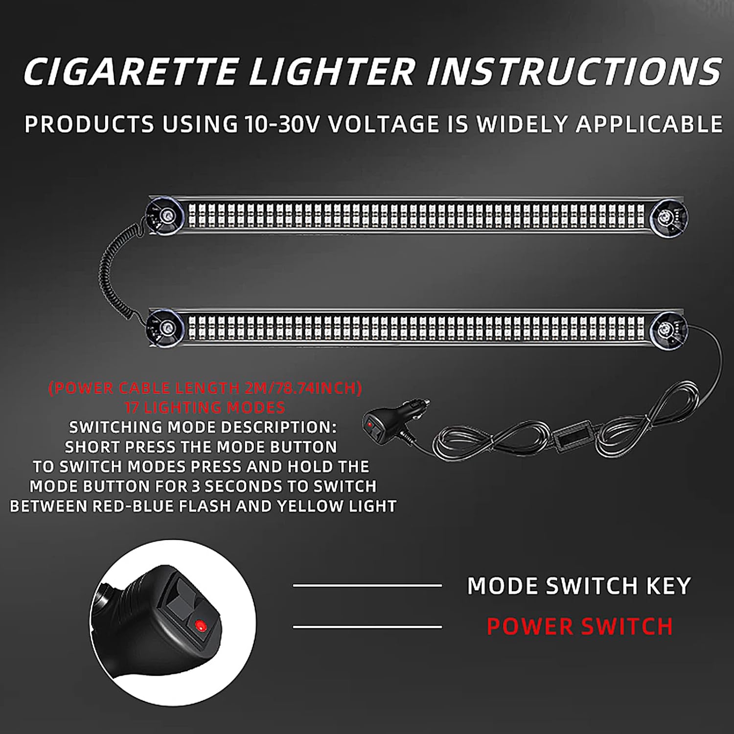 2 in 1 RGB Red Blue Emergency Hazard Warning Strobe Light Bar Amber Yellow Safety Flashing Interior Windshield Light w/Suction Cups for Tow/Plow Truck Police Firefighter Construction Vehicles