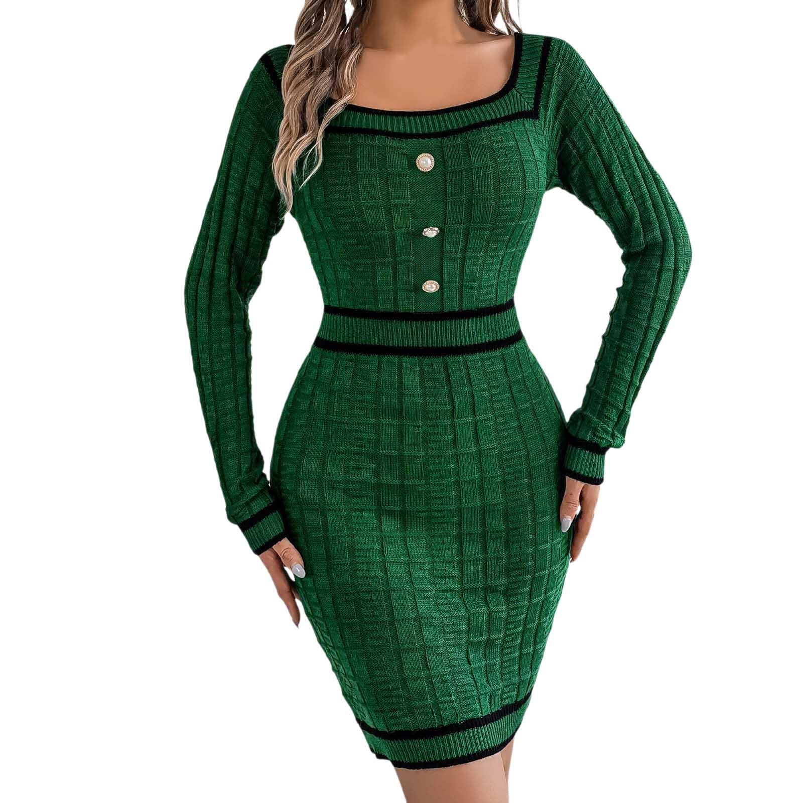 Robe mi-Longue à Manches Longues pour Femme en Tricot épais à Rayures en Bloc pour Automne et Hiver Robe De Cocktail Rose Poudré