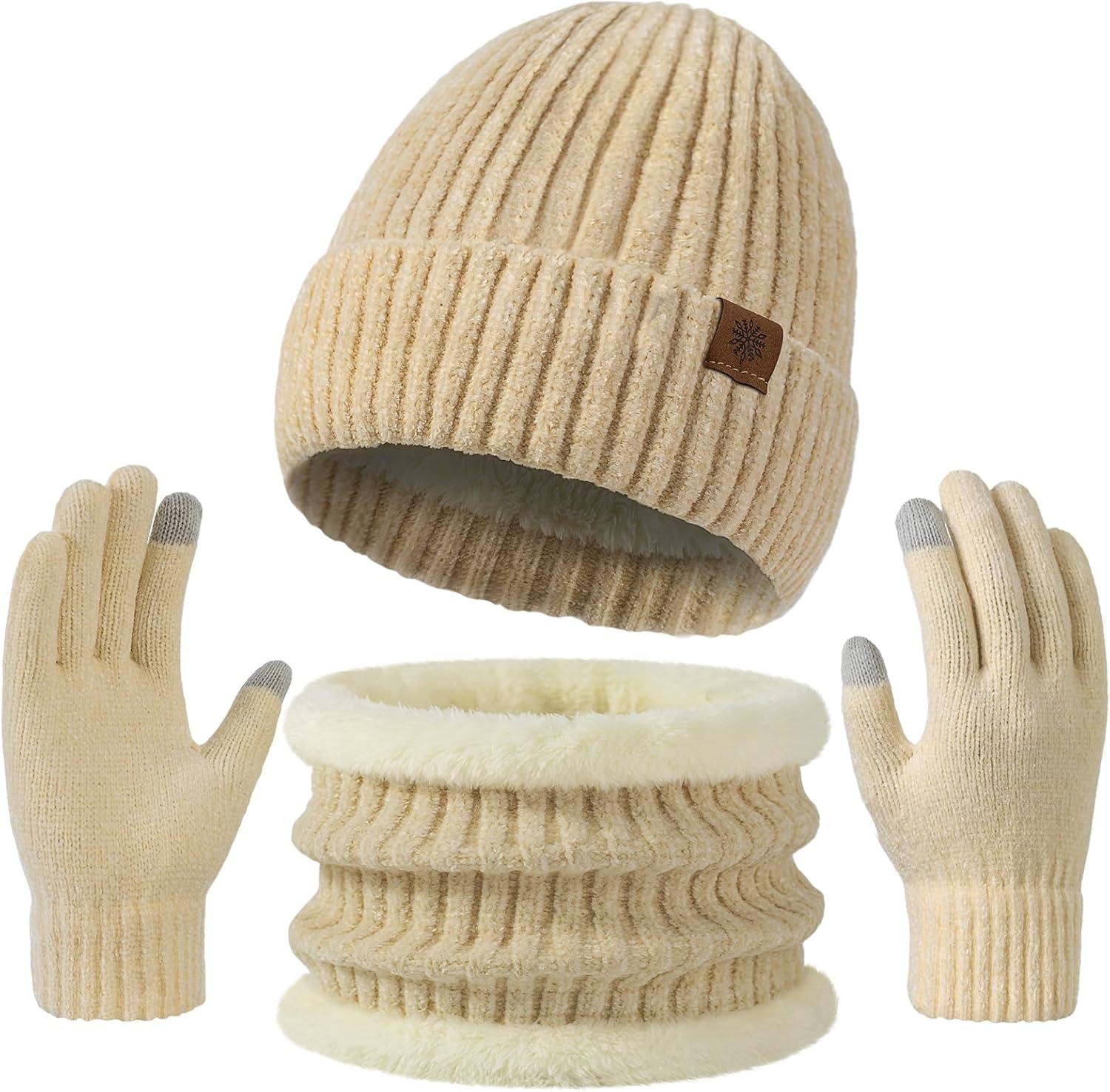 Winter Beanie Hat Scarf Gloves Set for Men and Women, Chenille Beanie Gloves Neck Warmer Set with Warm Fleece Lined
