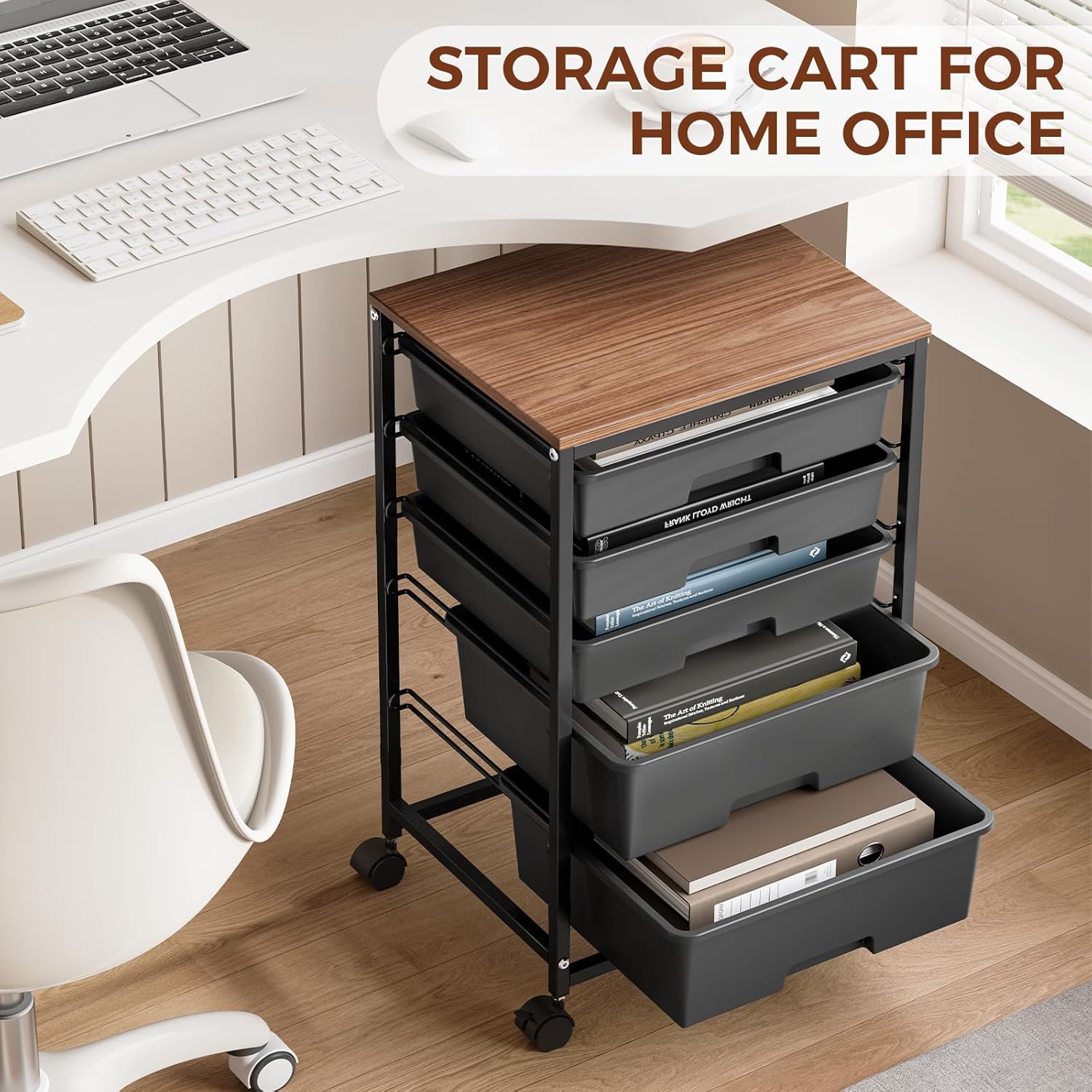 SYKIARIOL 5-Tier Rolling Utility Storage Drawer Craft Cart on Wheels with Wooden Tabletop, Mobile Craft Storage Drawer Cart Trolley for Home Office, Classroom, Craft Room & Kid Room, Black