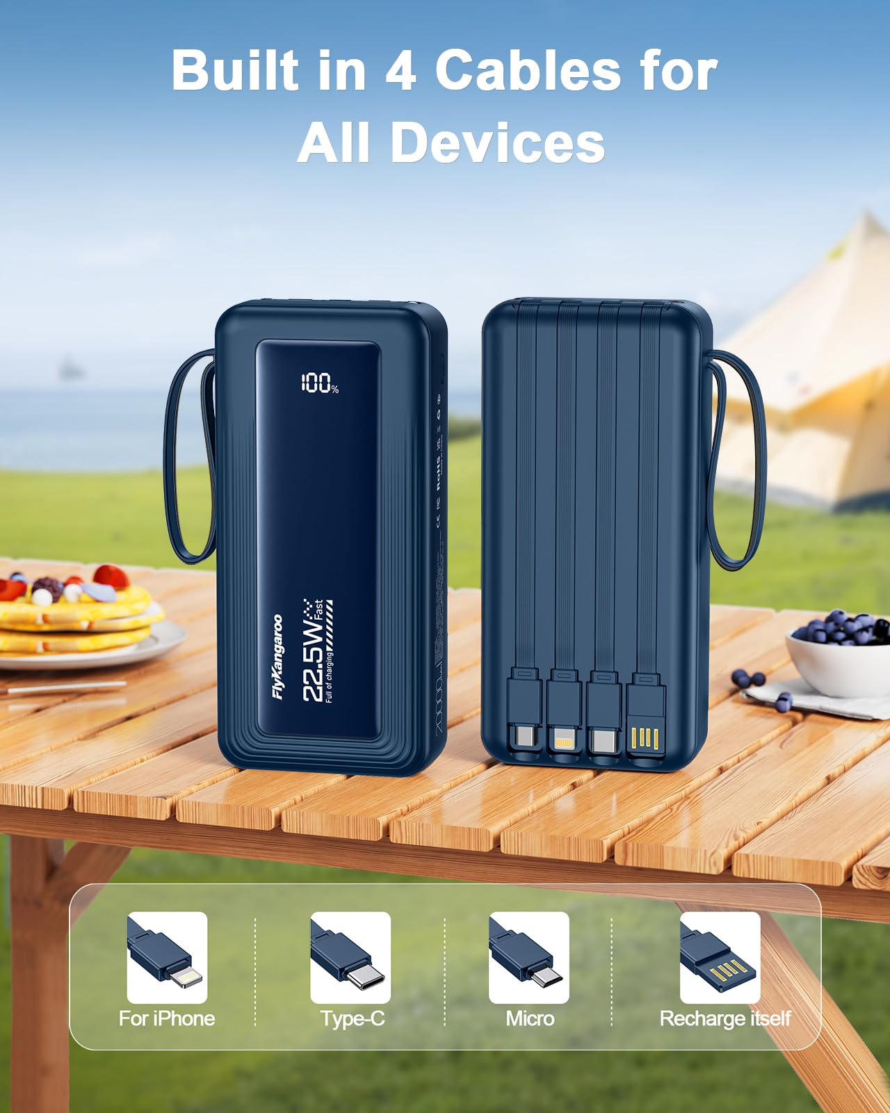 Cargador portátil con cables integrados, delgado de 20000 mAh, carga rápida, 22,5 W, batería externa USB C, pantalla LED, paquete de 6 salidas y 2 entradas para iPhone, Samsung, Pixel, LG