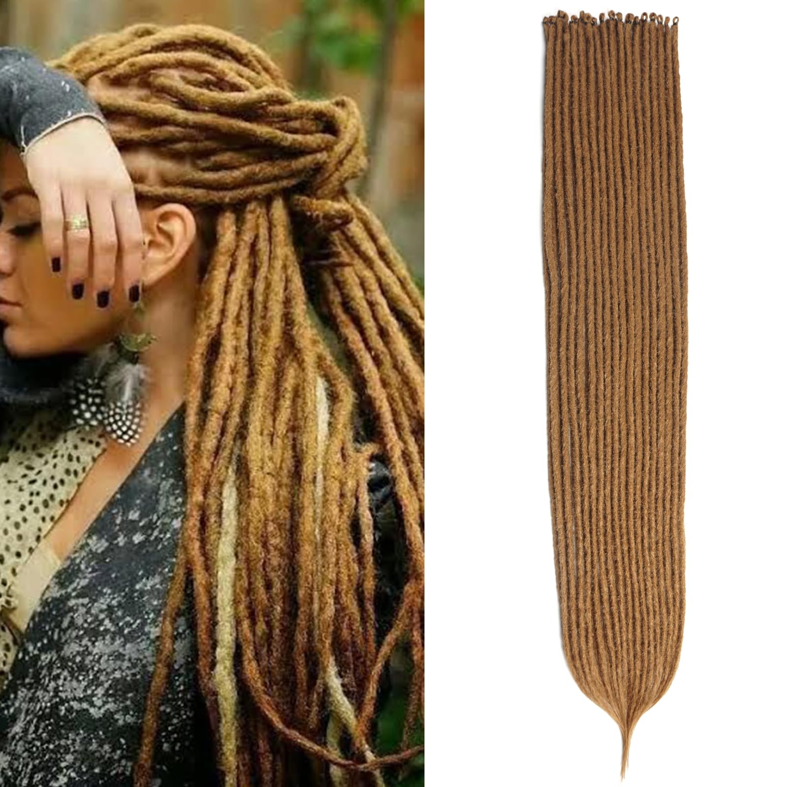 Kyriena 36 inch Long Dreadlock Extensions Single End, 15pcs Honey Brown Thin 0.6cm Fake Dreads Extensions, SE Synthetic Dreadlock Extensions Reggae