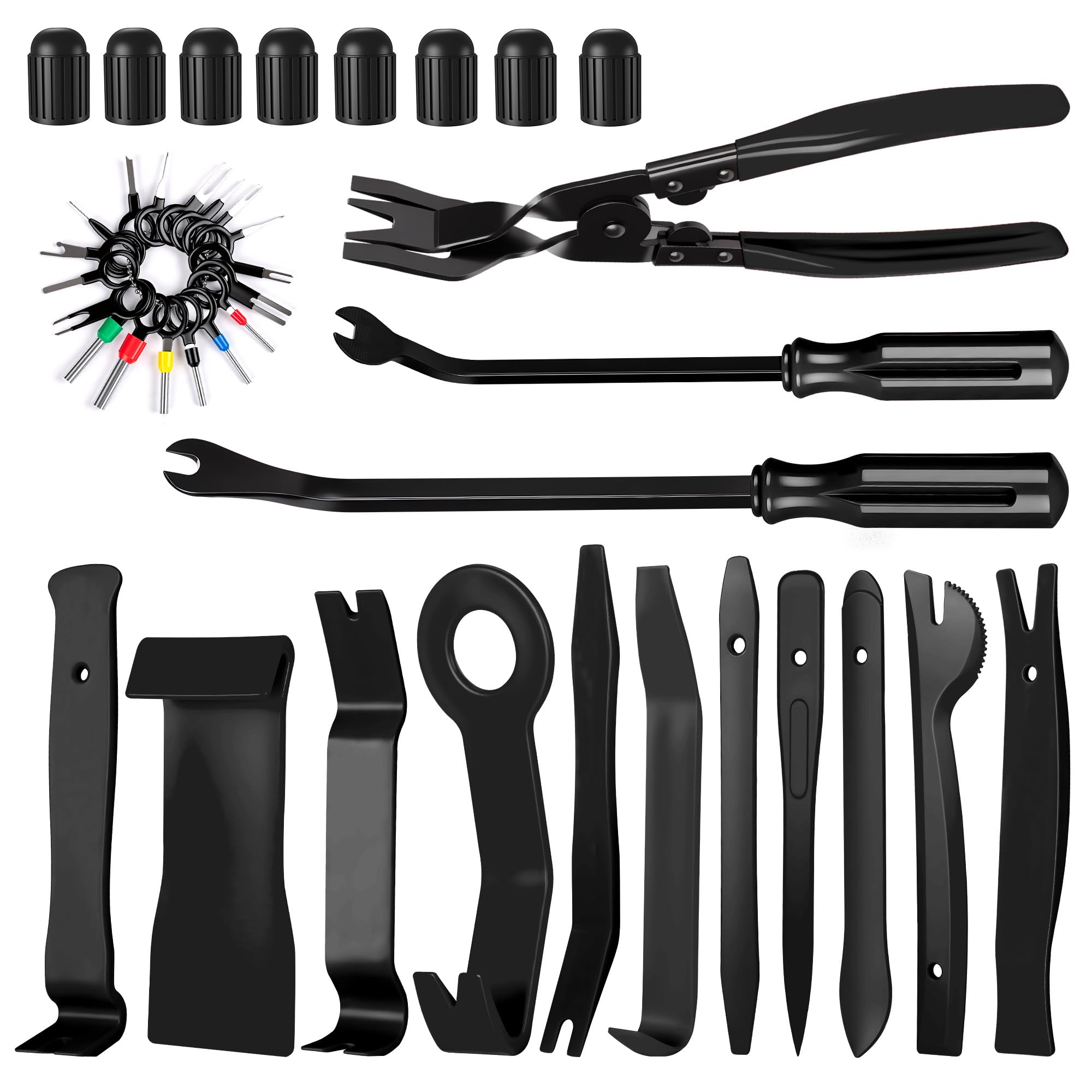 40PCS Trim Removal Tool Set Clip Plier Upholstery Remover Nylon Pry Tool Car Panel Removal Terminal Pin Remover with Tire Valve Caps-Black