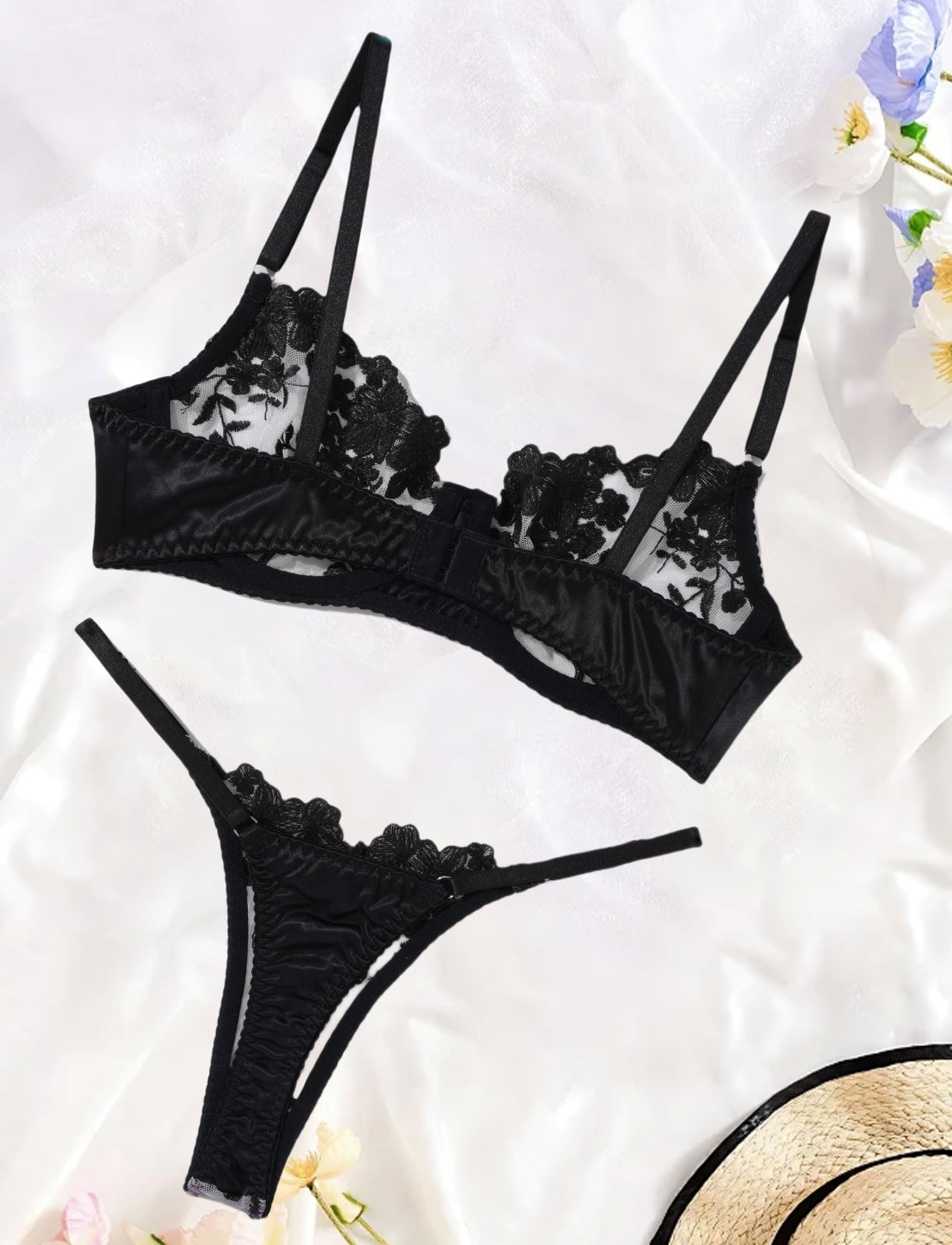 Ausing Sexy Underwire See-through Mesh Floral Embroidered Lingerie Set for Women S-L: Black Small