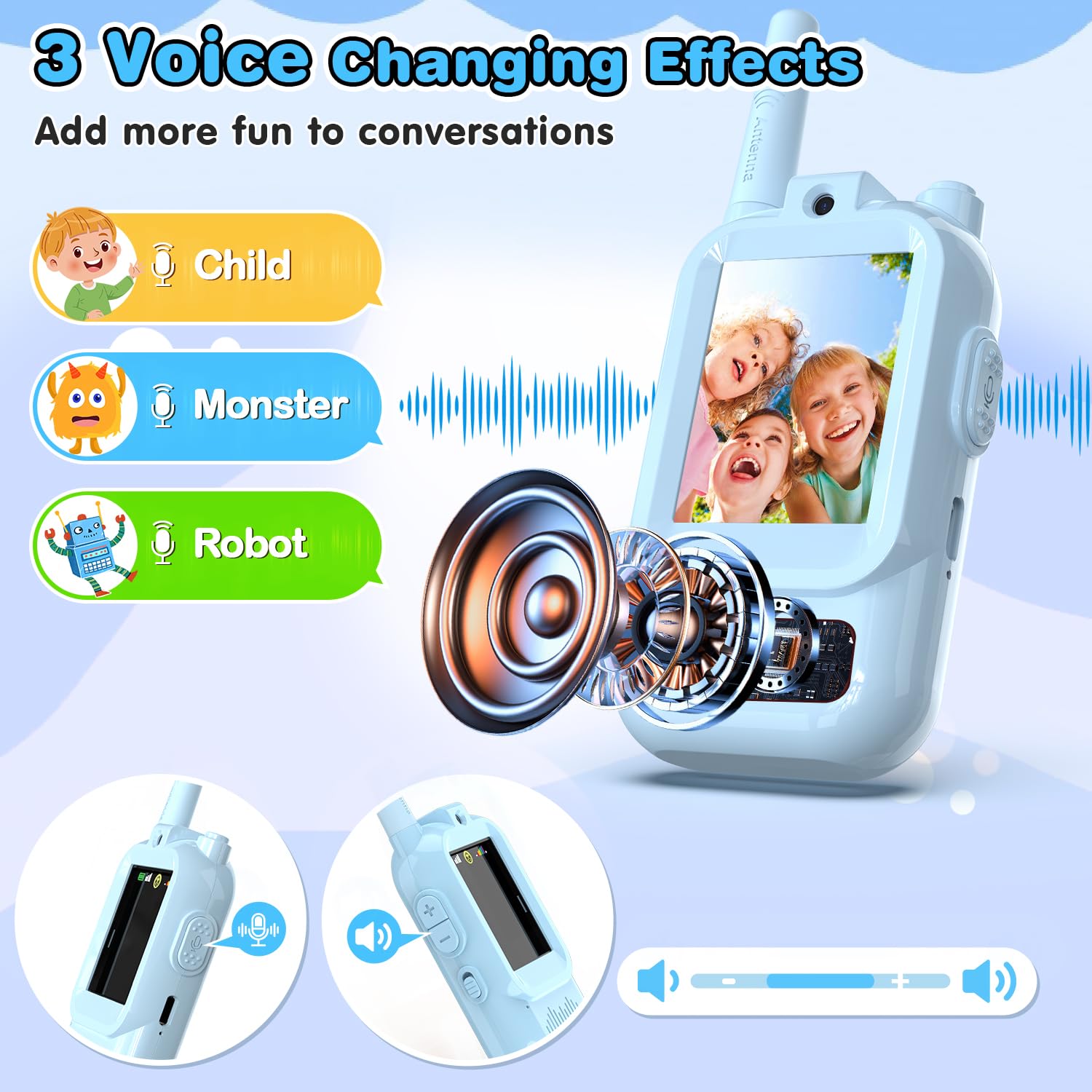 Juguetes Vídeo Walkie Talkie Niños, Azul 2 Piezas 1000FT Recargable Walkie Talkie con Cámara HD & Cambiador de Voz para Niños y Niñas de 3-12 Años, Exteriores, Camping, Senderismo Regalo Walky Talky
