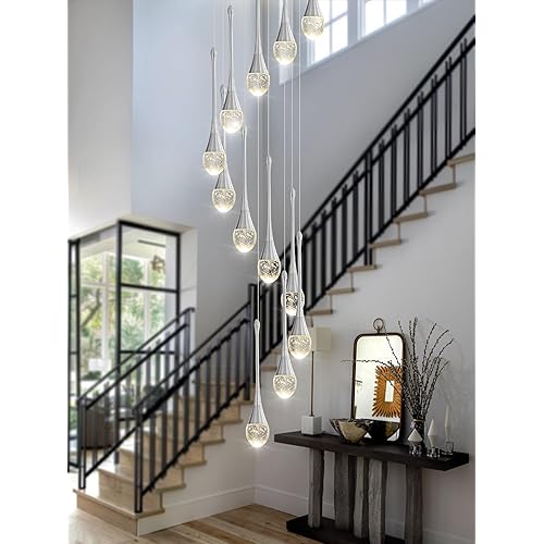 H120'' Long Crystal Raindrop Chandelier 12 Lights Foyer Pendant Lighting Entrwey High Ceiling Chandeliers LED Dimmable Lighting…