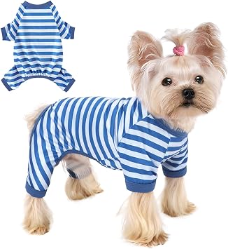 Dog Pajamas, Stretchy Puppy Jammies Onesie, Comfy Doggie Striped Pjs, Lightweight Soft Puppy Outfit, Dogs Clothes for Small Size Girl BoyBlue,Large