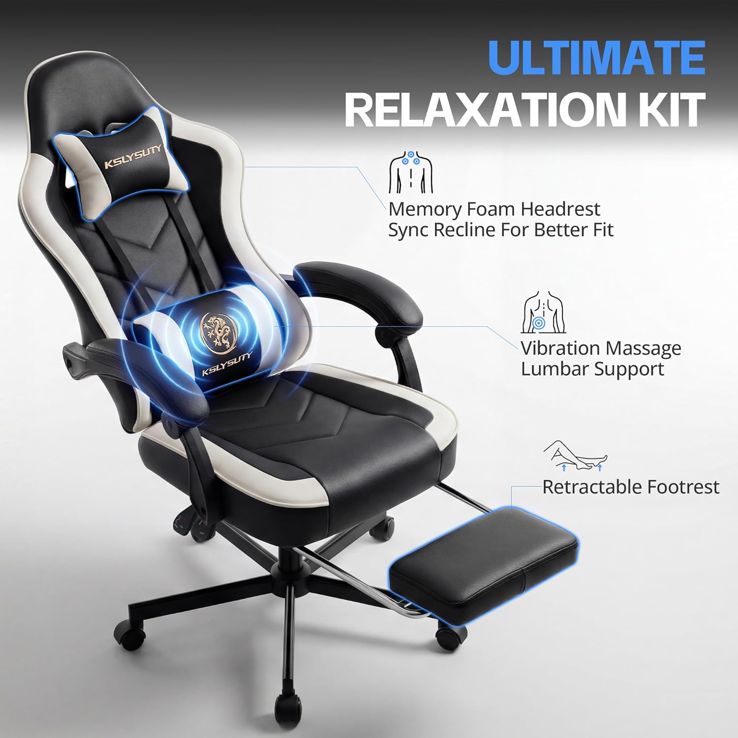 Desk Computer Gaming Chair - High Back Ergonomic Office Chair with Footrest and Lumbar Support, Swivel Comfy Home Gamer Video Game Chairs with Pocket Spring Cushion for Adults (White Leather)