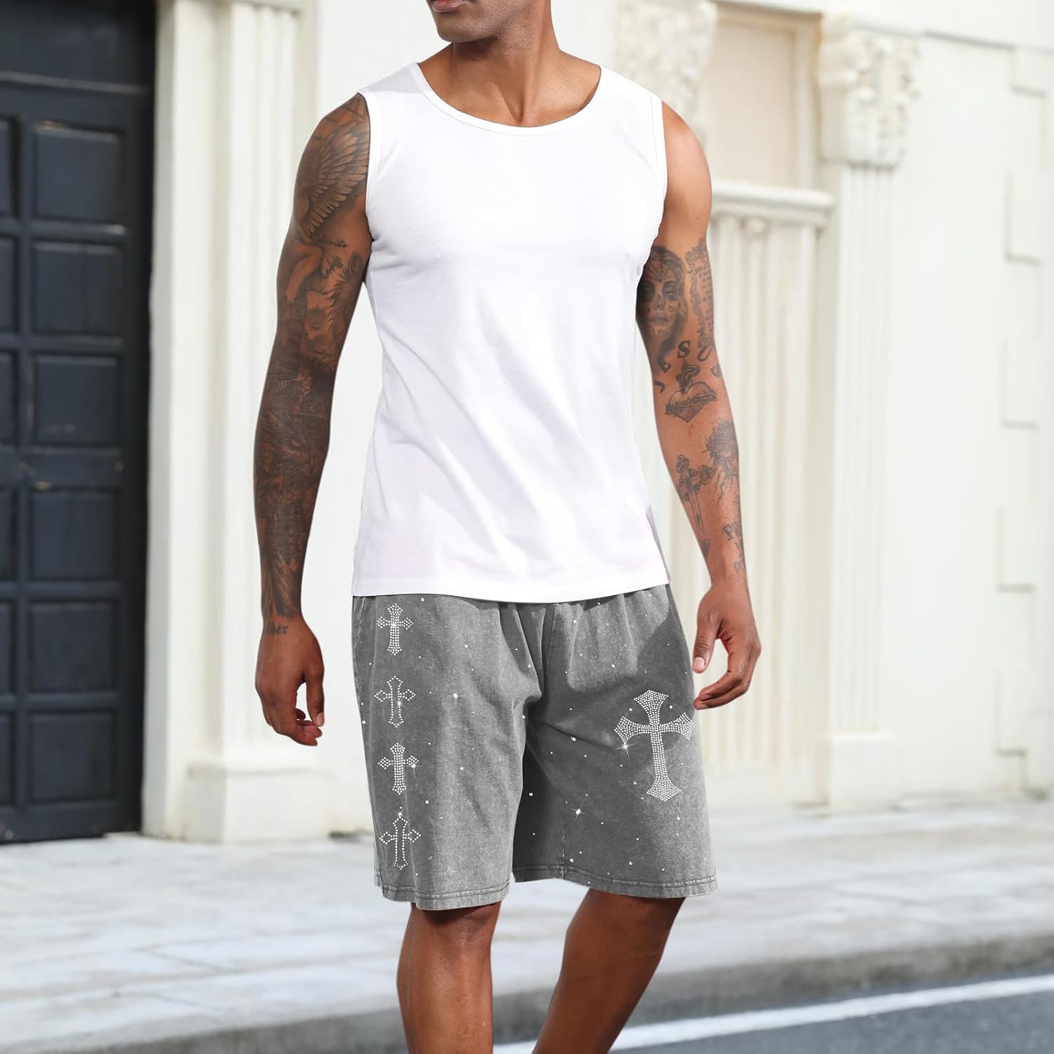 Fkatuzi Men Christian Faith Rhinestone Cross Graphic Y2k Shorts Gym Workout Athletic Acid Wash Shorts Streetwear Cotton