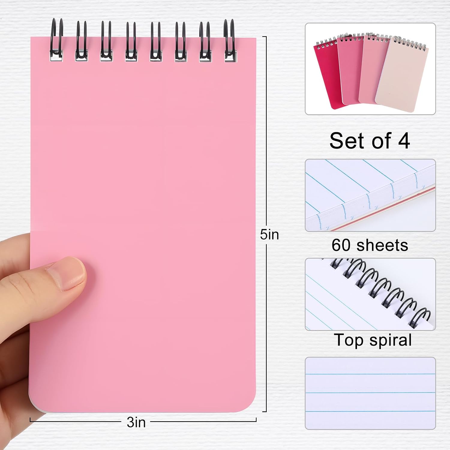 Resurhang 48 Pcs Small Pocket Notebooks Bulk, 3 x 5 Inch Pocket Spiral Notepads with Lined Pages Mini Notepad Spiral Notebooks for School Office Home Supplies Gift 4 Assorted Colors(Pink)