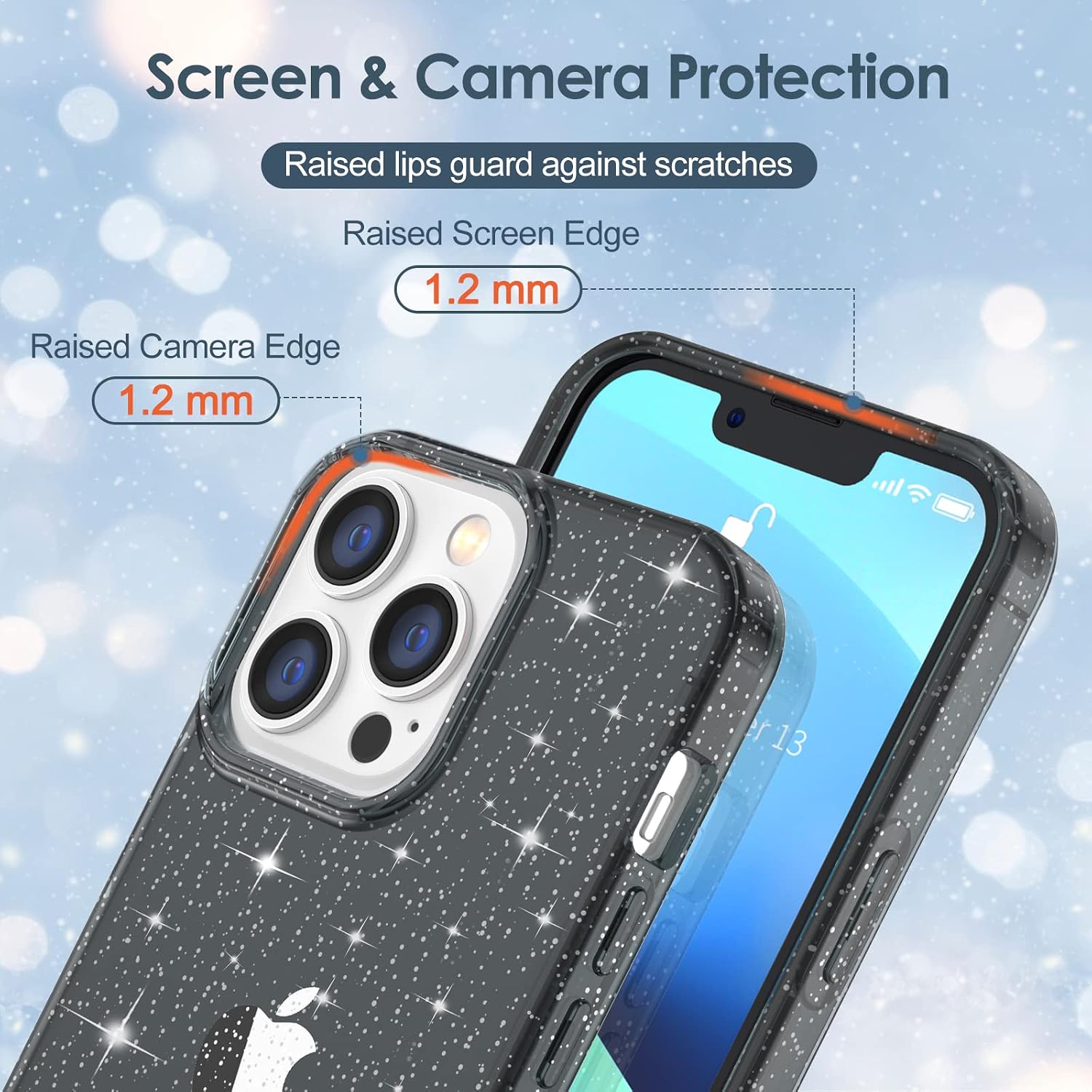 Hython Case for iPhone 13 Pro Case Glitter, Cute Sparkly Clear Glitter Shiny Bling Sparkle Cover, Anti-Scratch Soft TPU Thin Slim Fit Shockproof Protective Phone Cases for Women Girls, Black Glitter