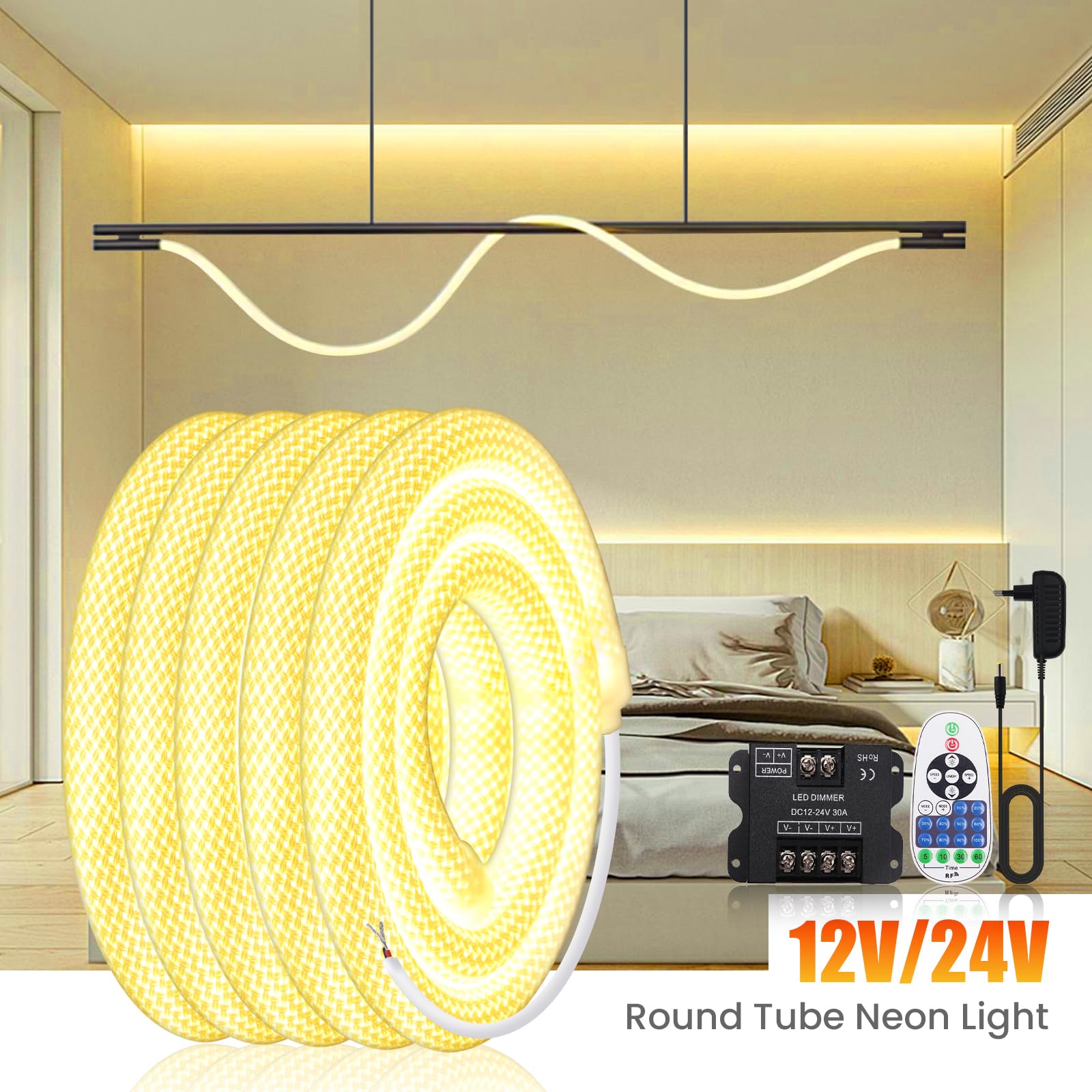 Dimmbare Neon LED Streifen 4M, 360° Rundes Maschenrohr Neon Band, SMD2835 240LEDs/m Warmweiß IP67 Wasserdichtes Schlauch Lichtband mit 24V 3A Adapter für Weihnachten, Innen/Außen Deko