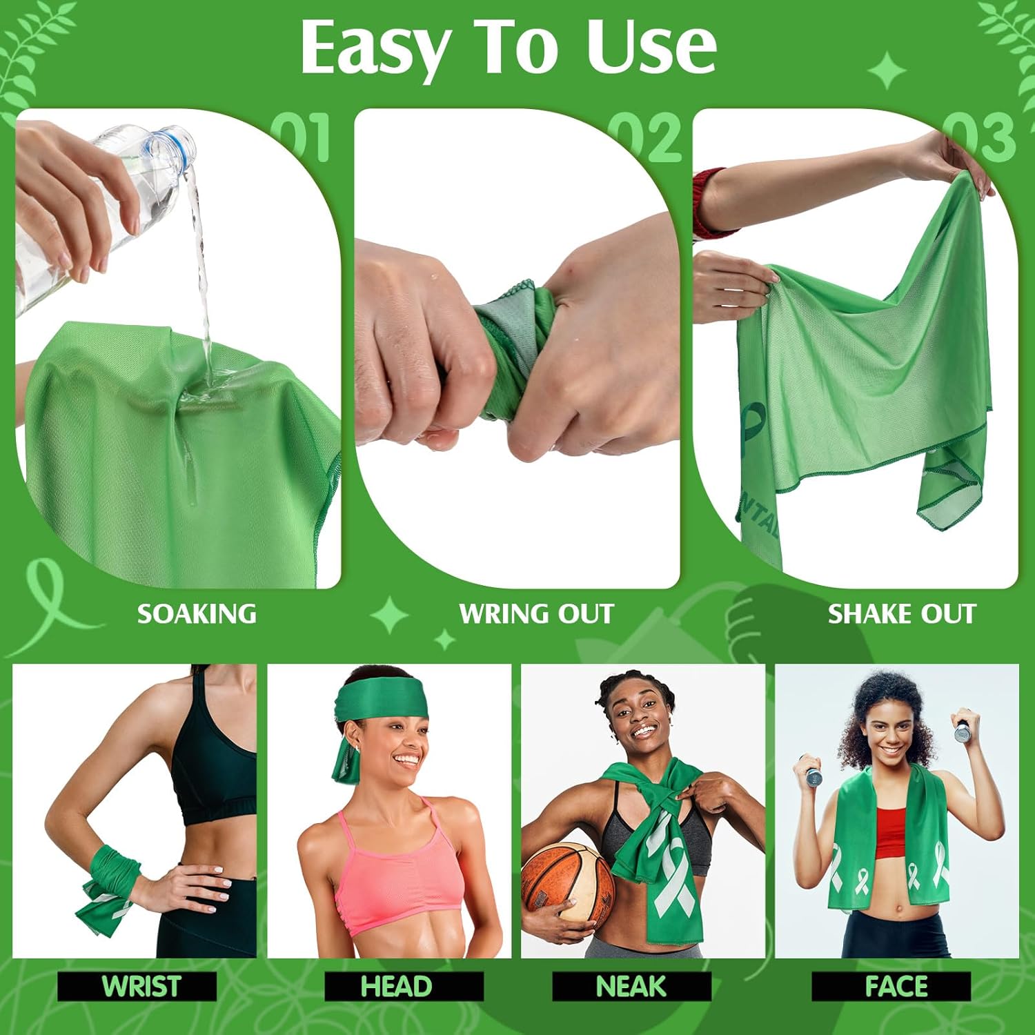 Fanfanwin 30 Pcs Mental Health Awareness Cooling Towels Bulk 40 x 12 Inch Green Ribbon Cold Towels for Mental Health Day Gifts Supplies Charity Event Activity Sports Yoga Exercise