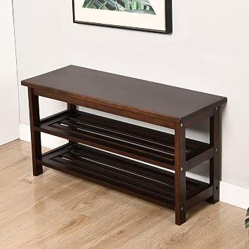 CONSDAN Wood Shoe Bench Rack, USA Grown Hickory, Entryway Bench with Shoe Storage, Mud Room Bathroom, Front Door, Outdoor/Indoor, Dark WalnutBlack