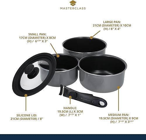 Miniatura 3 de Master Class MASTERCLASS Smart Space - Cacerolas apilables antiadherentes con mango extraíble y tapa universal (juego de 5 piezas), 8.3 x 8.3 x 5.5