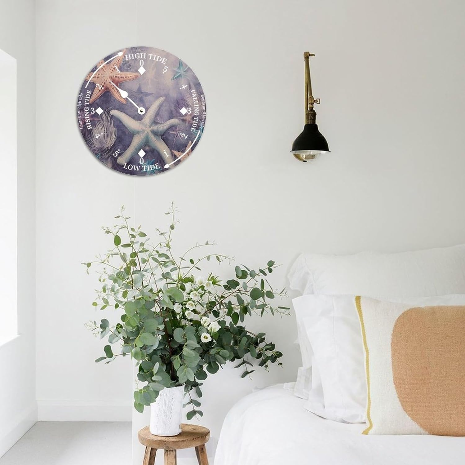 Rustic Wood Tide Clock Beach Starfish Tidal Clock Moon Clock Silent Non-Ticking Battery Operated Wooden Wall Clock for Living Room Bedroom Cottage Beach Boat Home Decor 12 Inch