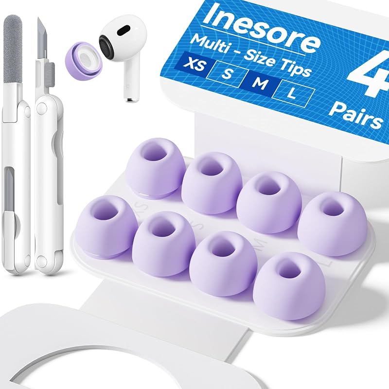 Inesore 4 pares de almohadillas de repuesto para AirPods Pro 2.º/1.º (púrpura) | con orificio de reducción de ruido y pantalla protectora contra el polvo incorporada, silicona, con caja de almacenamiento portátil y bolígrafo limpiador, 4 tamaños (XS/S/M/L)