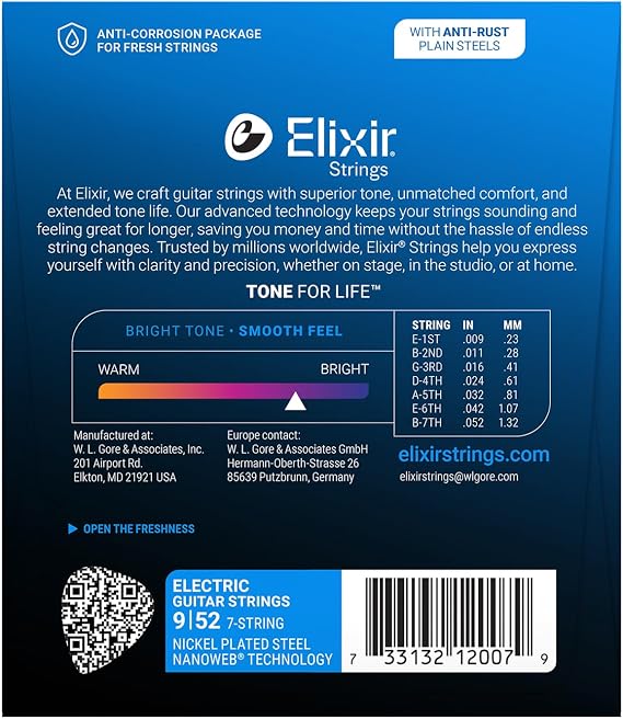 Elixir Strings 7-String Electric Guitar Strings w NANOWEB Coating, Light (.009-.052)