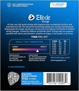 Elixir Strings 7-String Electric Guitar Strings w NANOWEB Coating, Light (.009-.052)
