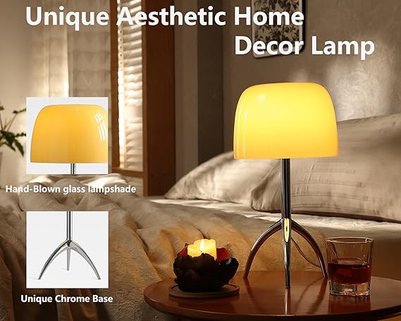 Mgchayoli Beige Mushroom Lamp,Cute Mid Century Modern Lamp, Dimmable LED Bedside Retro Donut Lamps, Vintage Home Decor Glass Nightstand Lamps for Bedroom & Living Room (Beige) photo 3