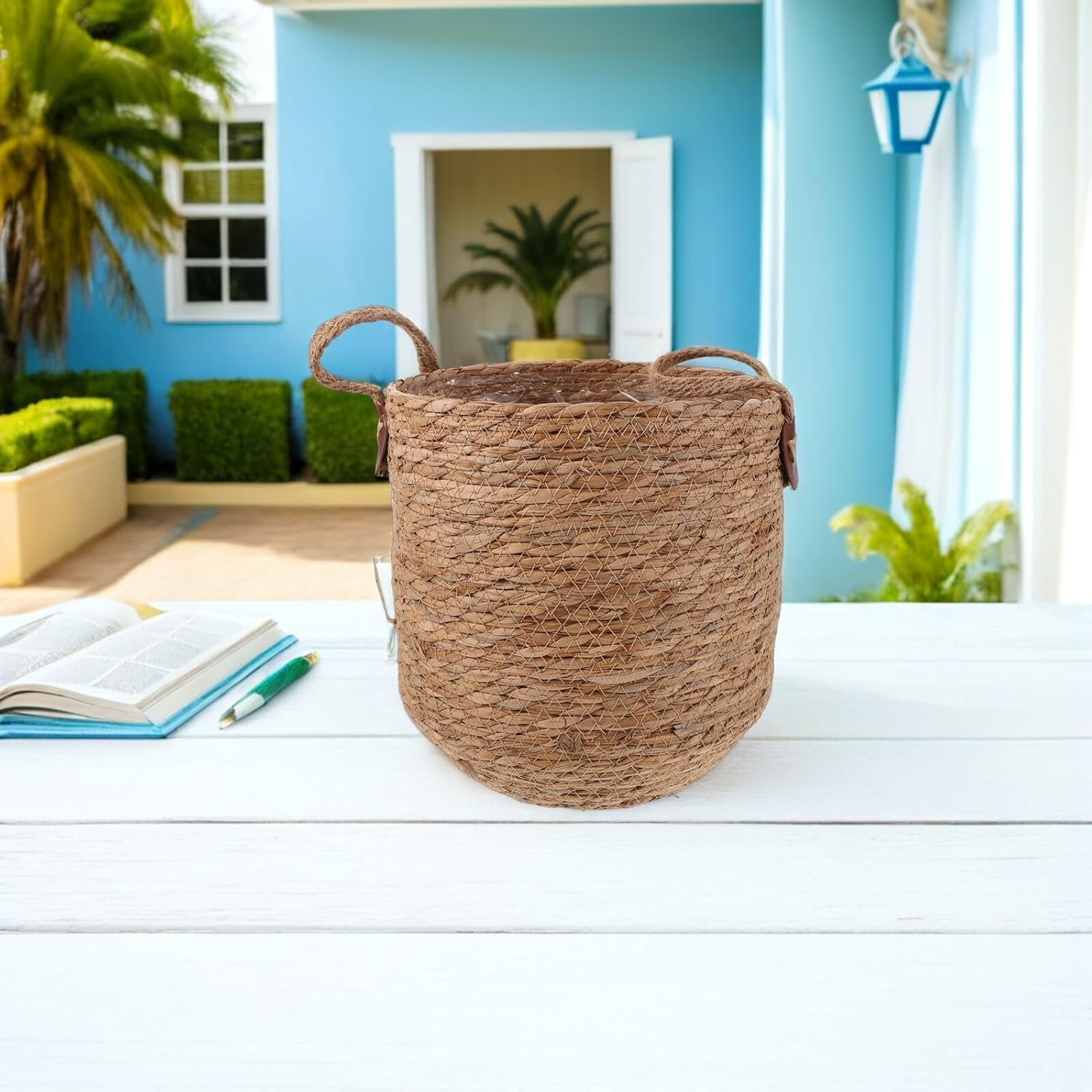 Garneck ラタン手編みフラワーバスケット 丸型植木鉢カバー 通気性天然繊維使用 床置き屋内プランター リビング バルコニー用