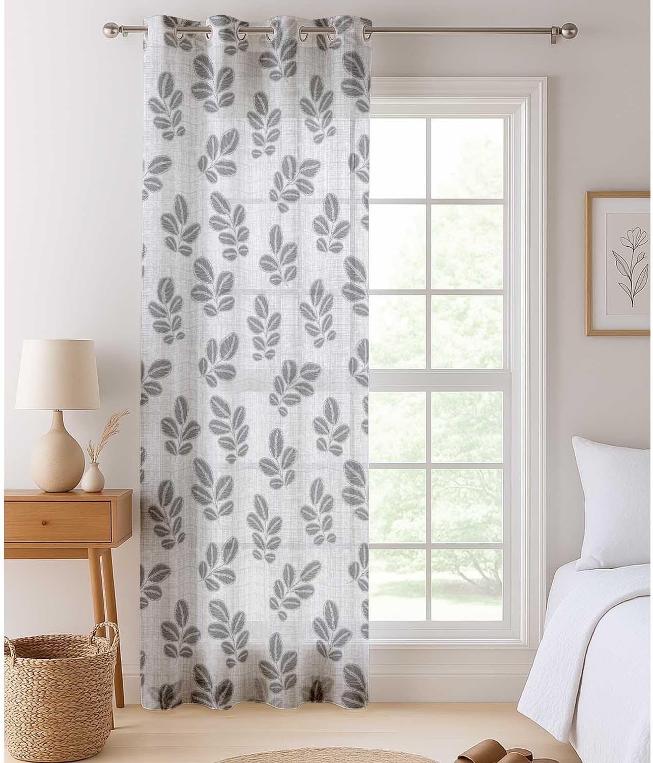Foliage Pattern Sheer Curtains for Short Windows - Set of 2 Panels, 63", Grommet Top, Printed Georgette, Light Filtering Drapes for Kitchen or Bedroom