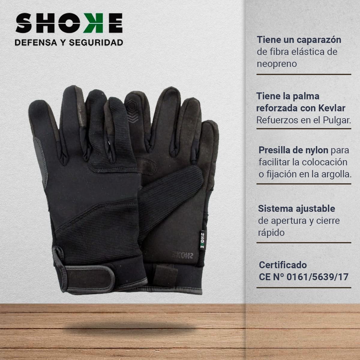 SHOKE - Gants Anti-Coupure en néoprène Police Niveau 5 - Gants de Travail pour Forces et Corps de Sécurité - Protection Kevlar sur la Paume et Le Pouce - Taille L - Résistance aux coupures de Lame