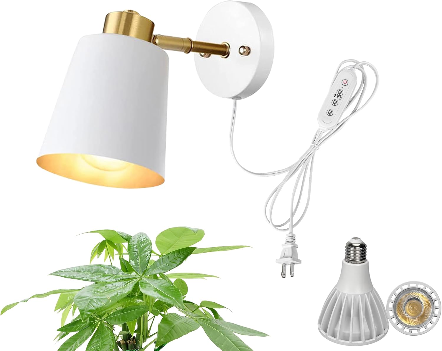 Hook Type Wall Mounted Plant Light Full Spectrum White Light 6000K 25W Bulb White Modern Plug in Cord Timing Wall Lamps for Indoor Growing Plants Flowers