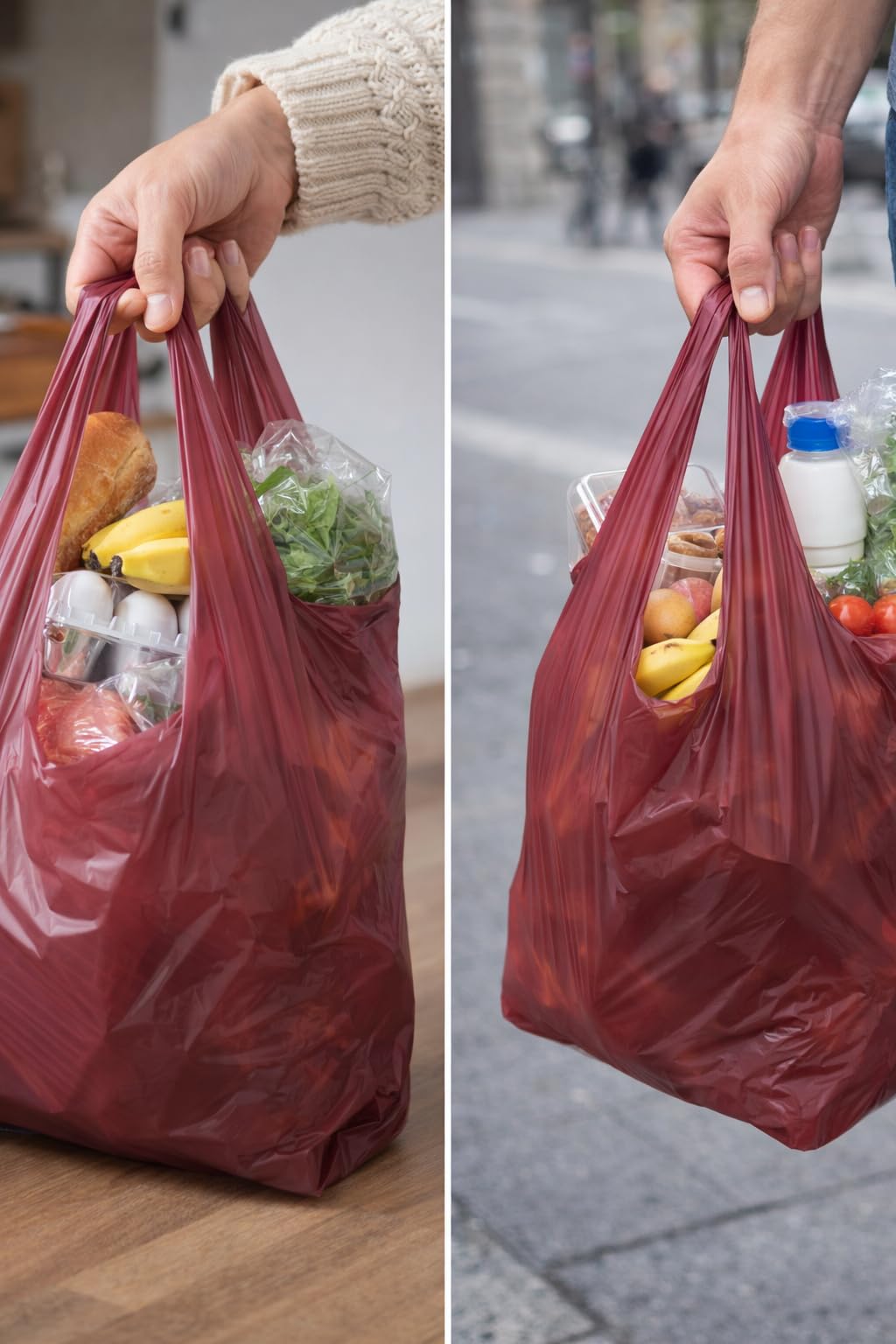 NOCEL Plastikowe torby z uchwytami. Torba T-shirt 70% z recyklingu 50 mikronów BORDE. Torba z uchwytami. Opakowanie 1 kg. (42x53 cm)