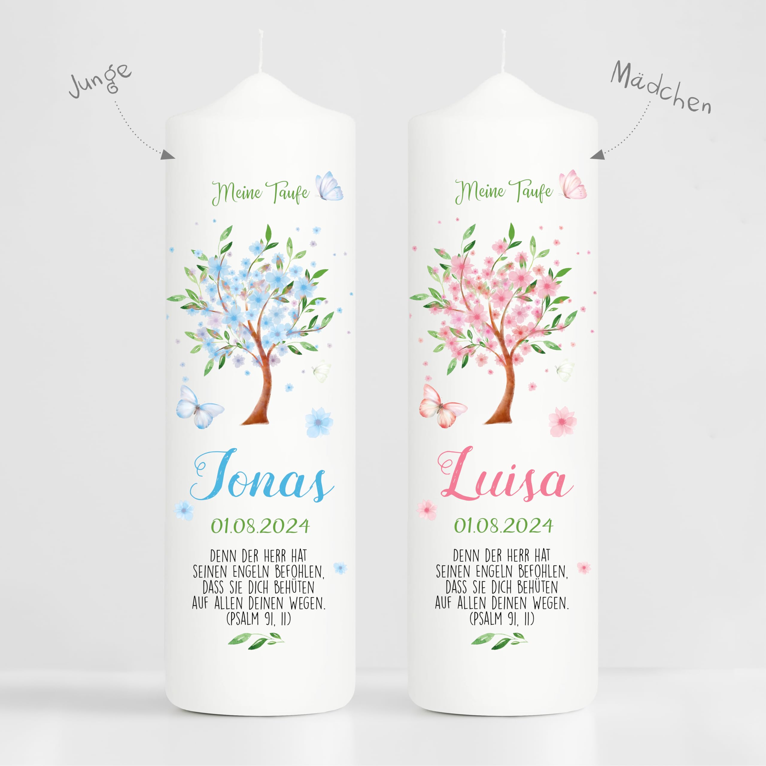 Wandtattoo Loft Taufkerze Mädchen oder Junge mit Taufspruch + 2 Patenkerzen, Motiv Baum mit Blüten, 25cm x 7cm, personalisierte Kerze, bedruckte Kerze Taufe, Stumpenkerze zur Taufe, Taufgeschenk