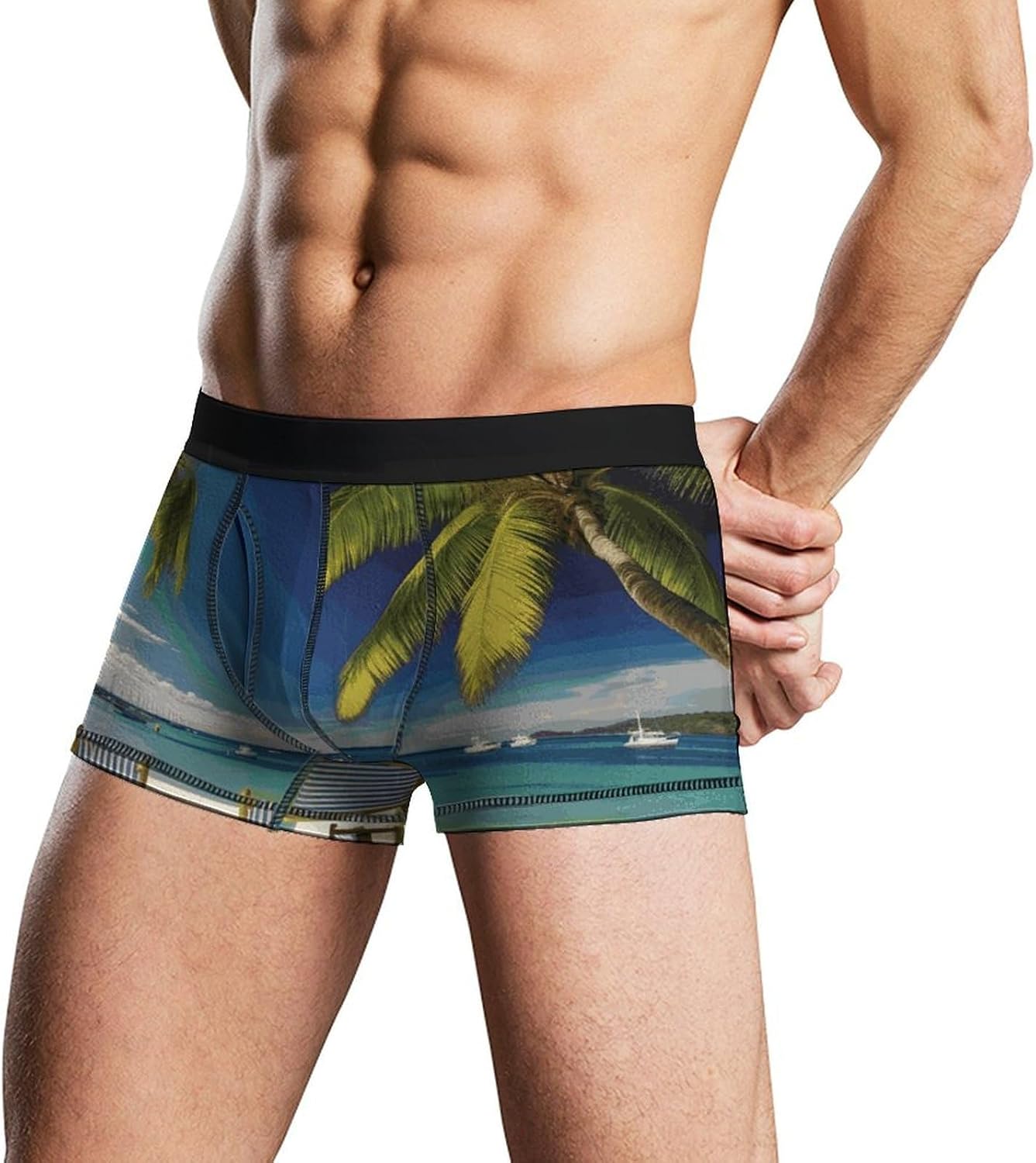 Beach Palm Tree Chairs Boats Mens Boxer Briefs Short Breathable Underwear Trunks Soft Moisture-Wicking Boxer Shorts Novelty Underpants XL White