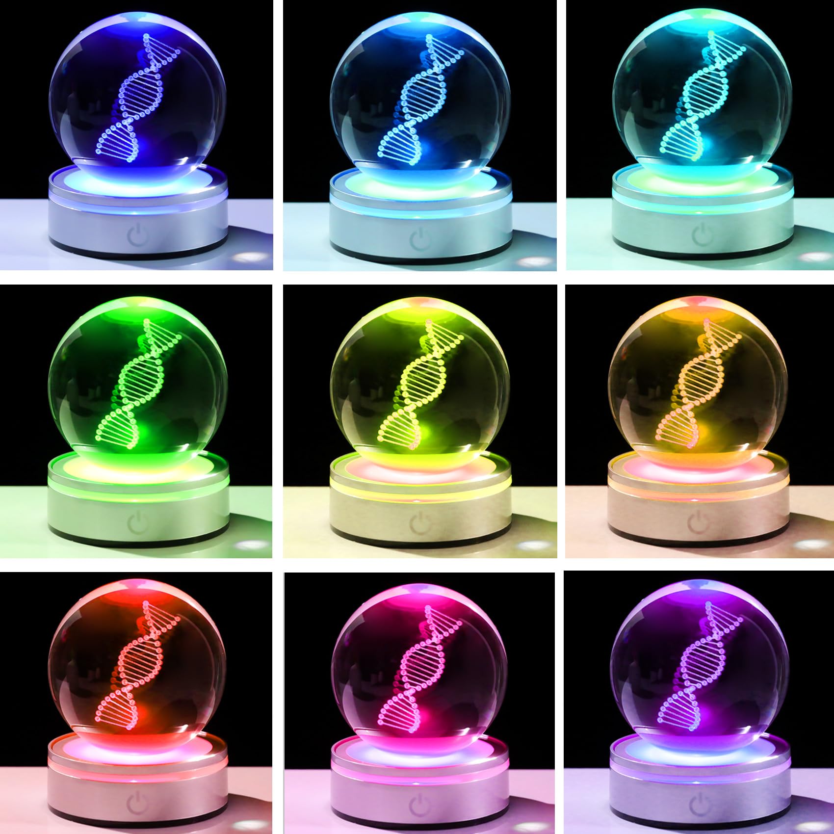 Sfera di cristallo DNA con base a LED, decorazione scientifica unica con incisione laser 3D, regalo per insegnanti di biologia, studenti di medicina e amanti della scienza, luce notturna