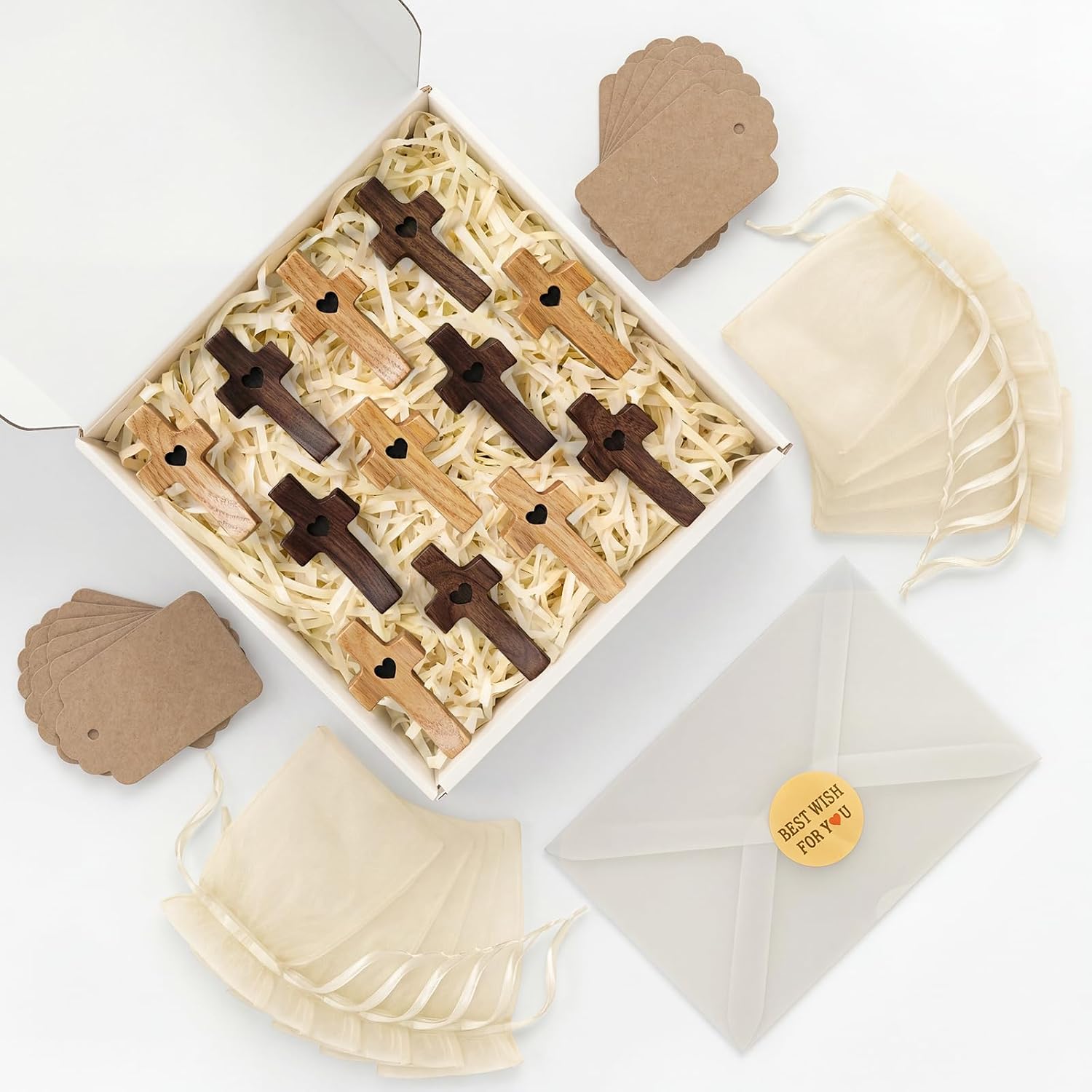 WVX Pocket Crosses in Bulk - 12 Pack (6 Walnut, 6 Natural) 1.97in Small Wooden Comfort Holding Cross - Real Solid Wood with Bags & Tags - Christian Sympathy, Memorial Gifts for Adults & Weddings