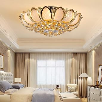 TFCFL Modern Dimmable Crystal Chandelier, 23.5" Luxury Flush Mount LED Ceiling Lamp with Controller Lotus Shape Pendant Lighting Fixture for Living Room Bedroom Gold