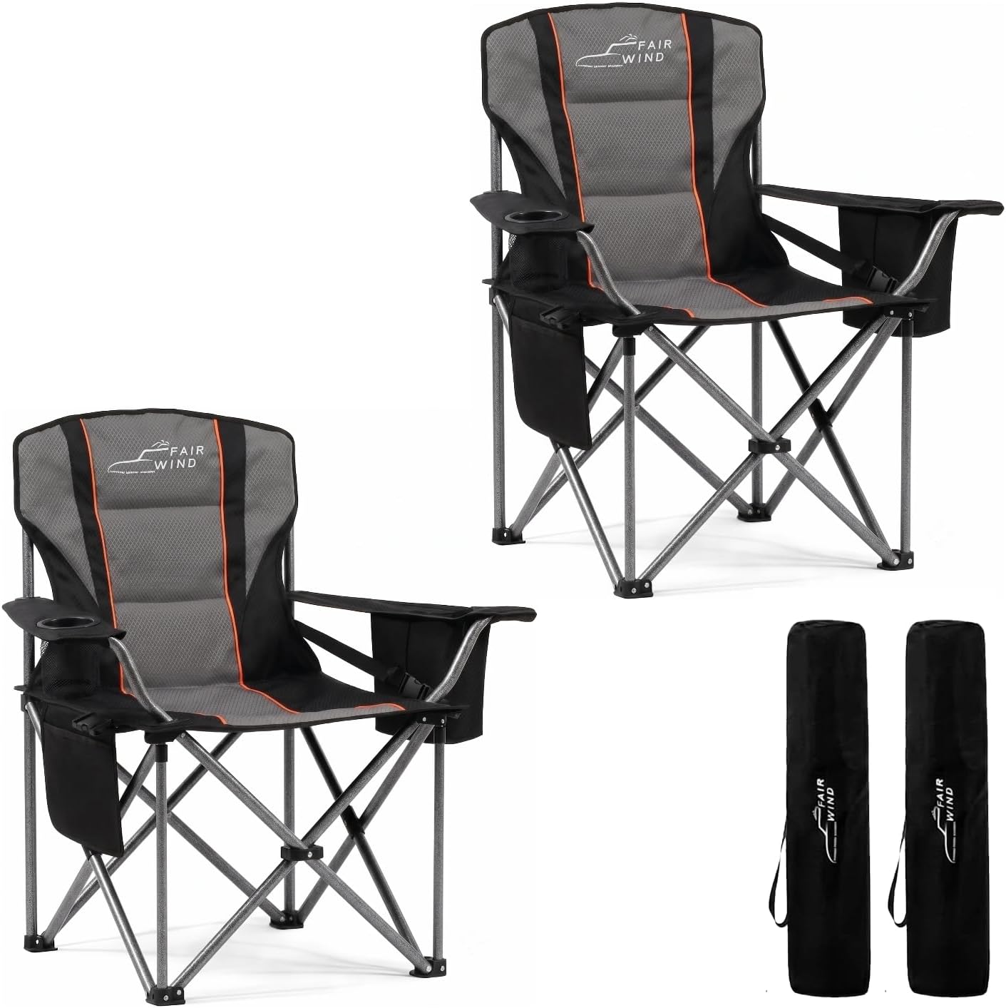 FAIR WIND 2 Pack Fully Padded Oversized Camping Chair Heavy Duty Lawn Chair Set with Adjustable Lumbar Support, Cooler Bag & Cup Holder for Camp, Outdoor,Sports - Support 500LBS