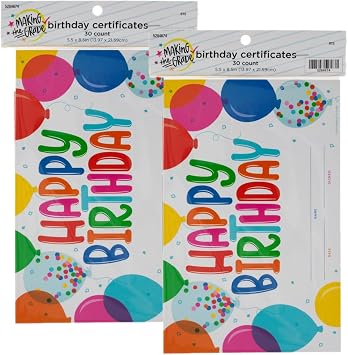 Hobby Lobby Happy Birthday Award Certificates, 5.5 x 8.5 inches, Colorful Balloon Design, 60 Sheets, for Students Classroom Teacher