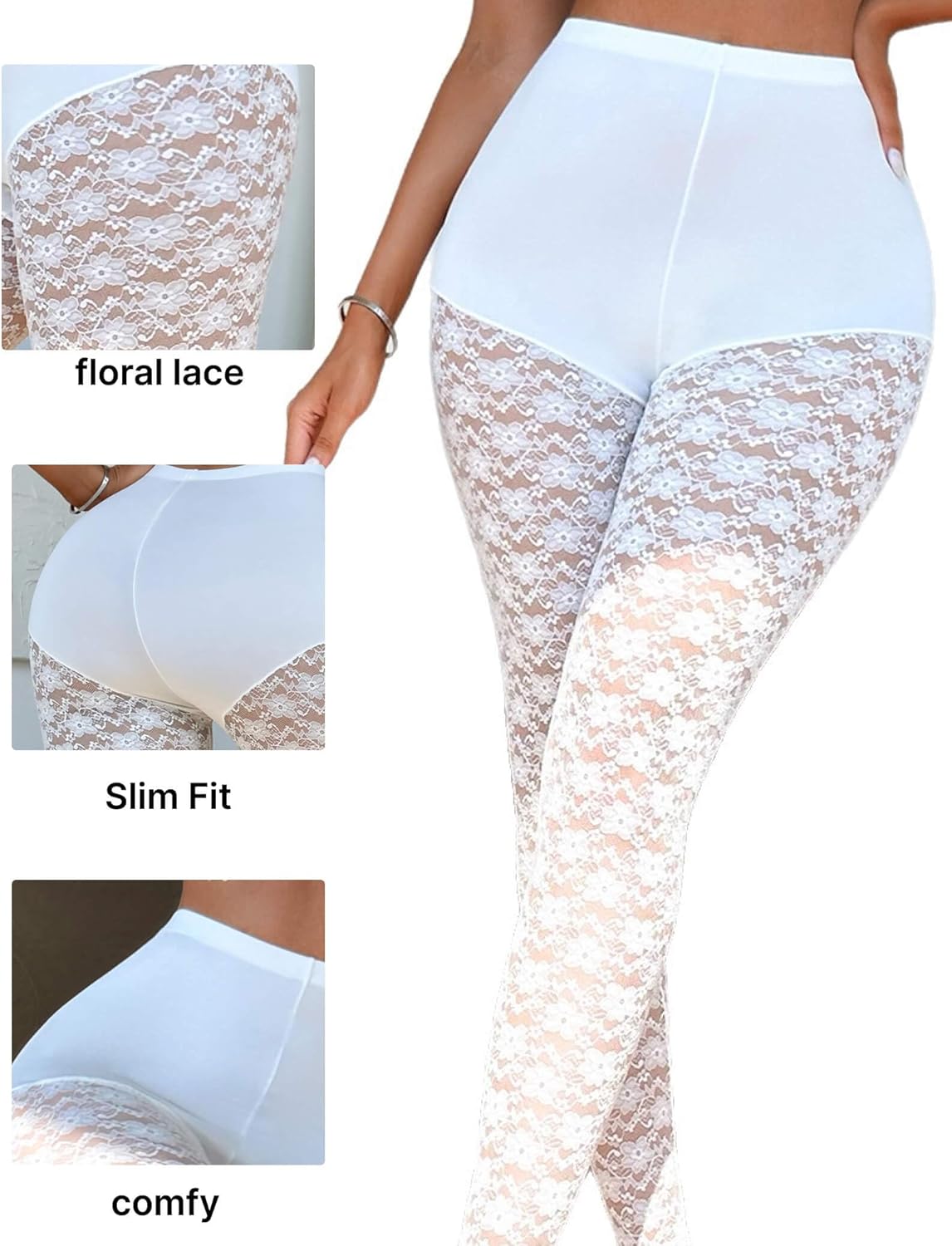 Women's Plus Size Lace Leggings Sheer Floral High Waisted Stretchy Slim Fit Pants Fishnet Tights for Casual & Dressy Outfits - Image 7