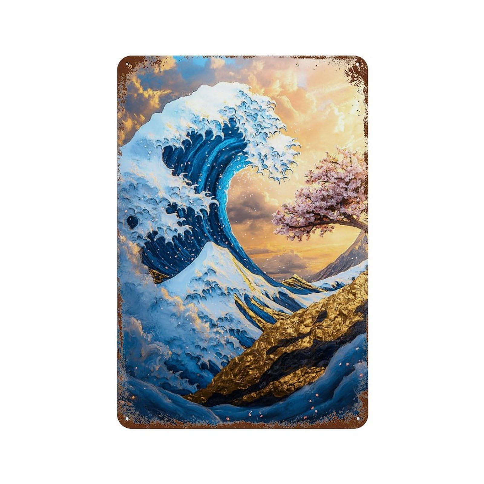 Ocean Wave Mountain Sakura Rusty Metal Tin Sign 11.8"x7.9", for Pub, Kitchen And Man Cave Decor, Novelty Wall Decor