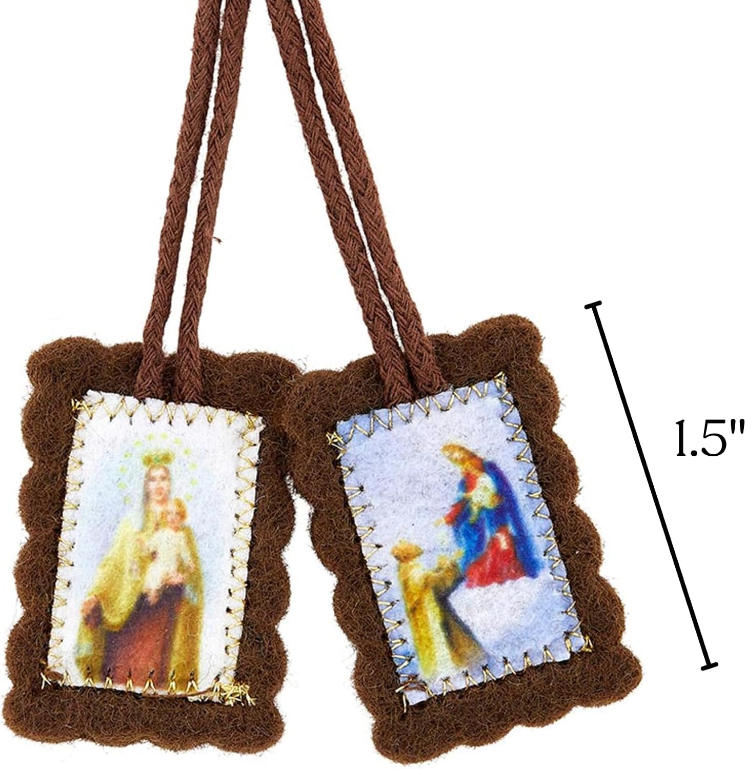 Needzo Small Brown Wool Scapular, Images of Our Lady Panels, Catholic Devotional Accessory, 16.5 Inches