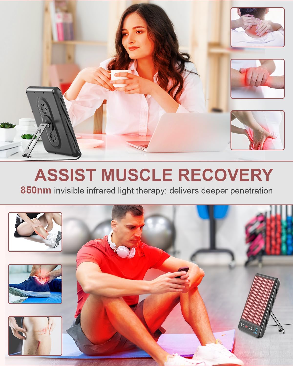 Red Light Therapy Panel for Face & Body, 225 LEDs Portable Red Infrared Light Therapy Lamp with Stand - 660nm Red & 850nm Near Infrared Light for Skin & Sleep, Redlight Therapy with Timer - Image 3