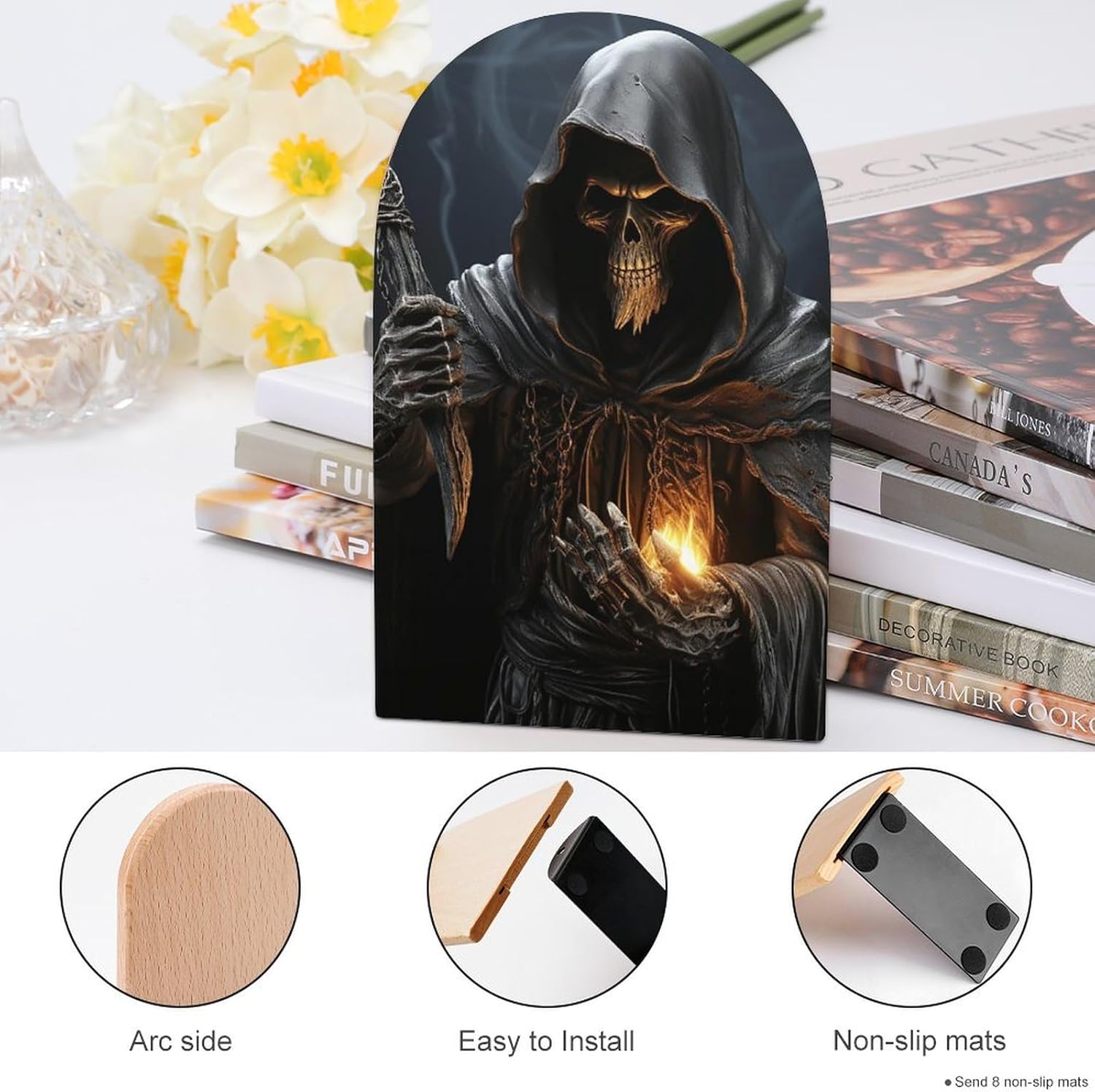 Grim Reaper Book Ends Wooden Bookends Non-Skid Metal Base Heavy Duty Book Shelves Decor, Decorative Bookends for Books/CDs Bookshelf Table Home Decor