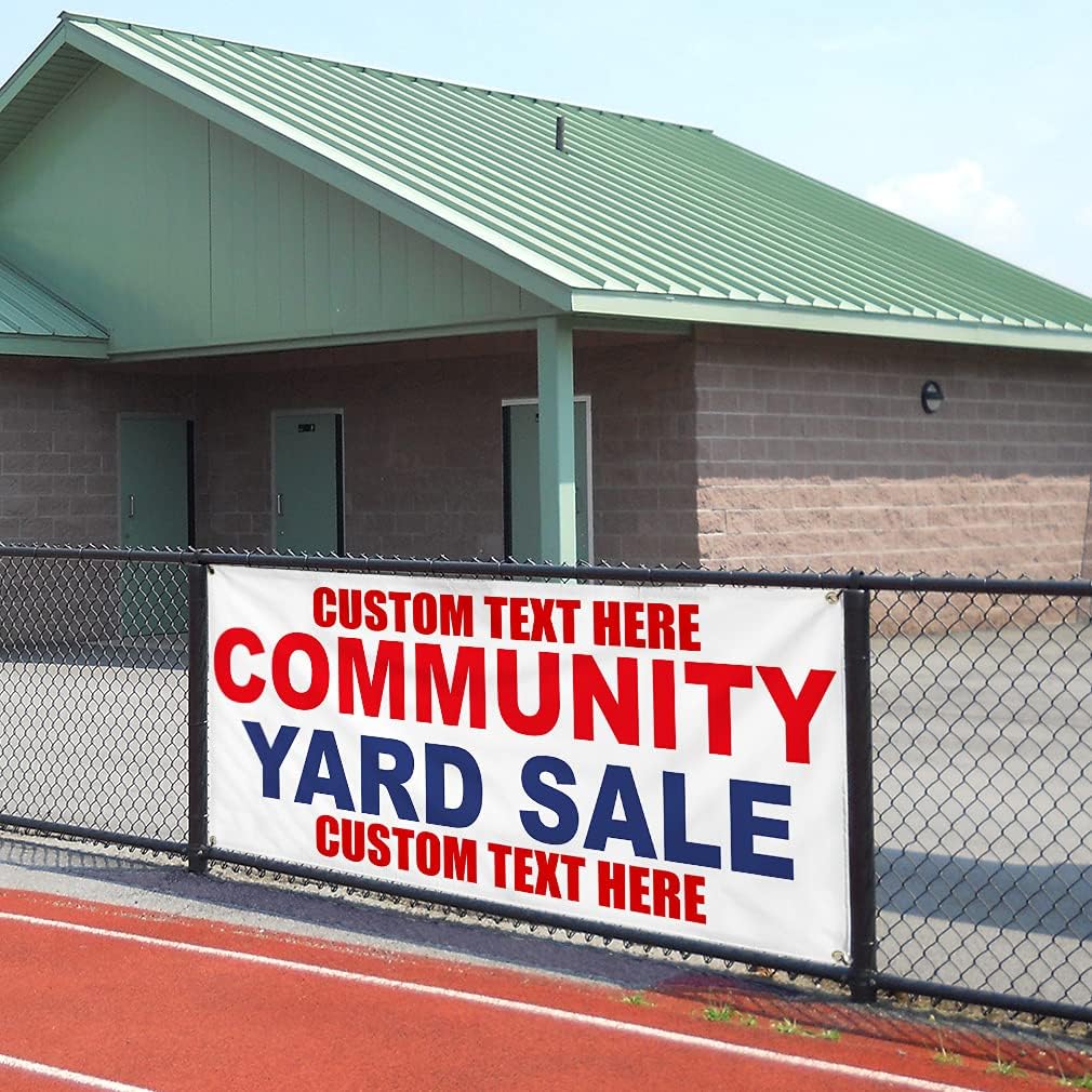 Custom Vinyl Banner Multiple Sizes Community Yard Sale Red Blue Yard Sale Outdoor Weatherproof Industrial Yard Signs 4 Grommets Personalized Text Here 24x48Inches