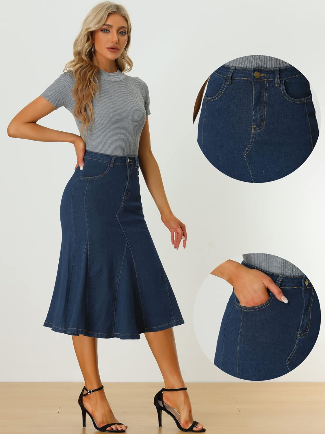 Allegra K Casual Denim Skirt for Women's High Waisted A-Line Flared Midi Skirts - Image 2