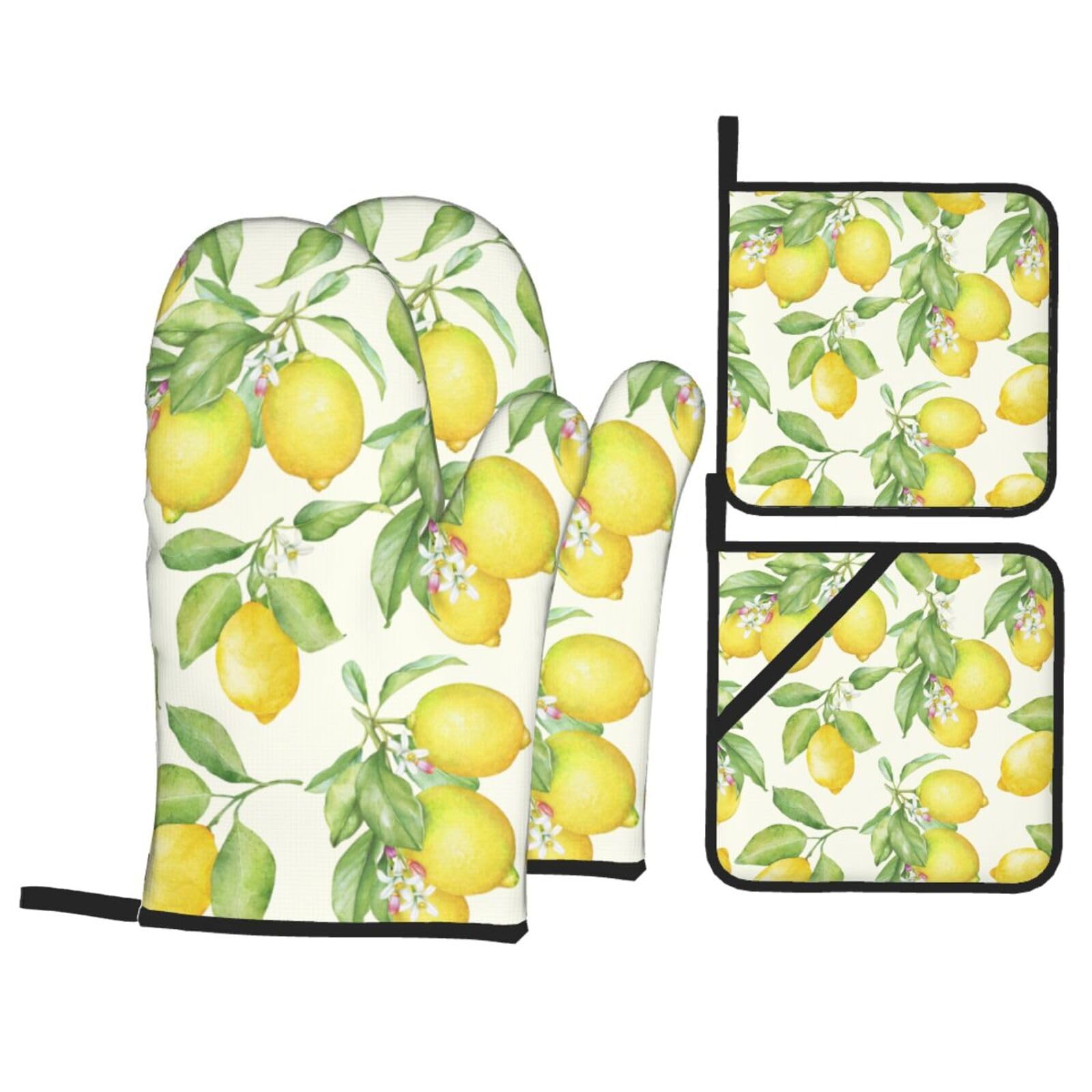 Spring Lemon Oven Mitts and Pot Holders Sets - Cute Botanical Kitchen Mitts Potholders 4 Pack Heat Resistant Beige Vintage Oven Gloves Hot Pads for Kitchen Baking Grilling Party