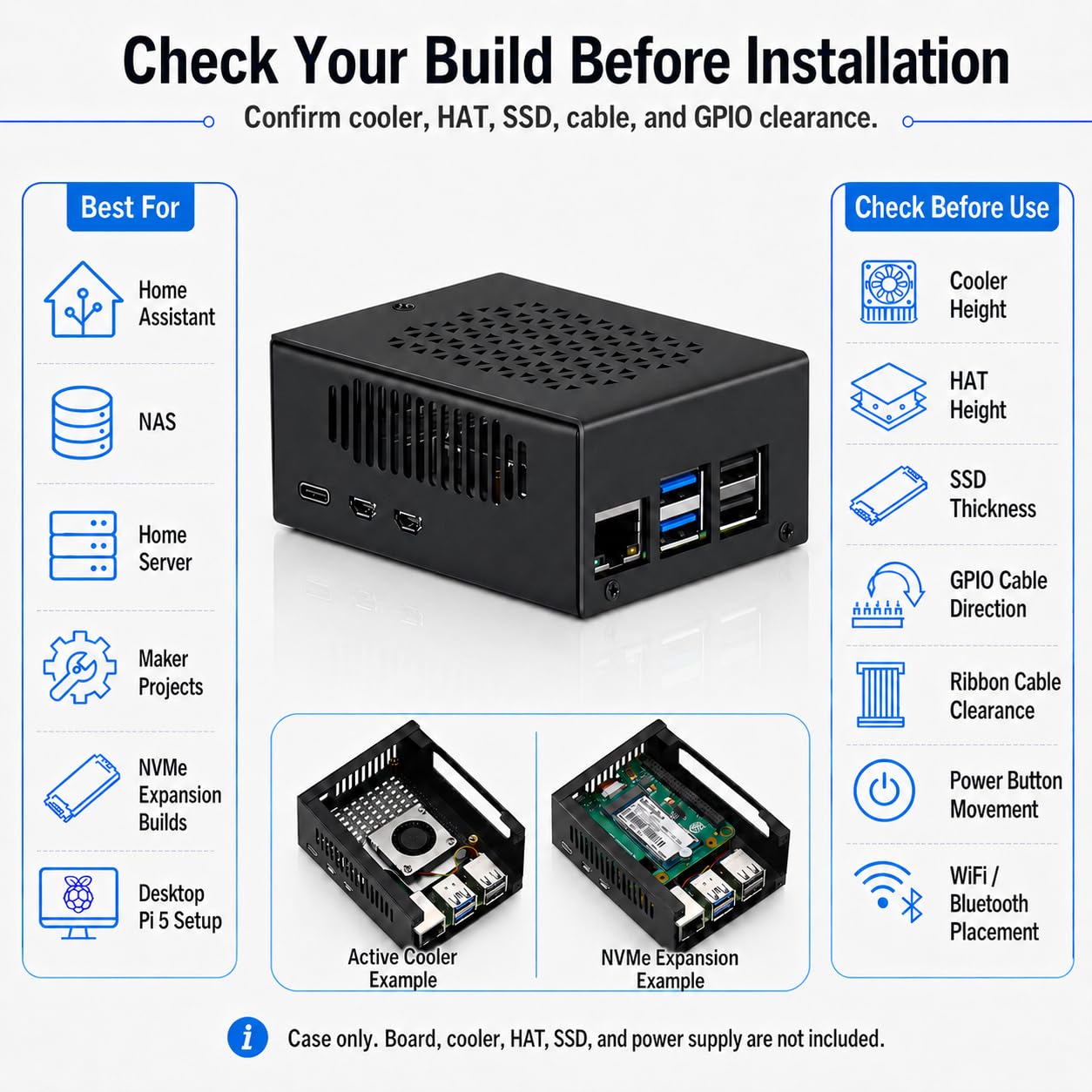 Custodia in metallo per Raspberry Pi 5, supporto Pi 5 Active Cooler, spazio per cappelli, schede aggiuntive, refrigeratore e cappelli NVMe (nero)