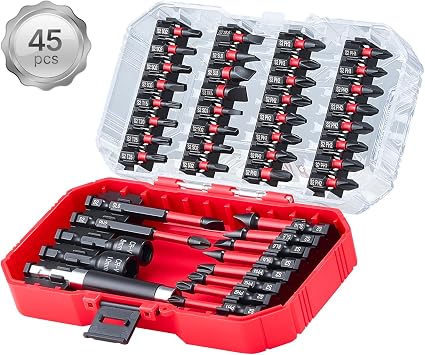 VEVOR Screwdriver Bit Set, 45-Piece, Magnetic Phillips, Slotted, Square, Torx Bit, Hex Nut Sockets, Extension Rod with Transparent Storage Case, High-Strength S2 Alloy Steel, Blackened Finish