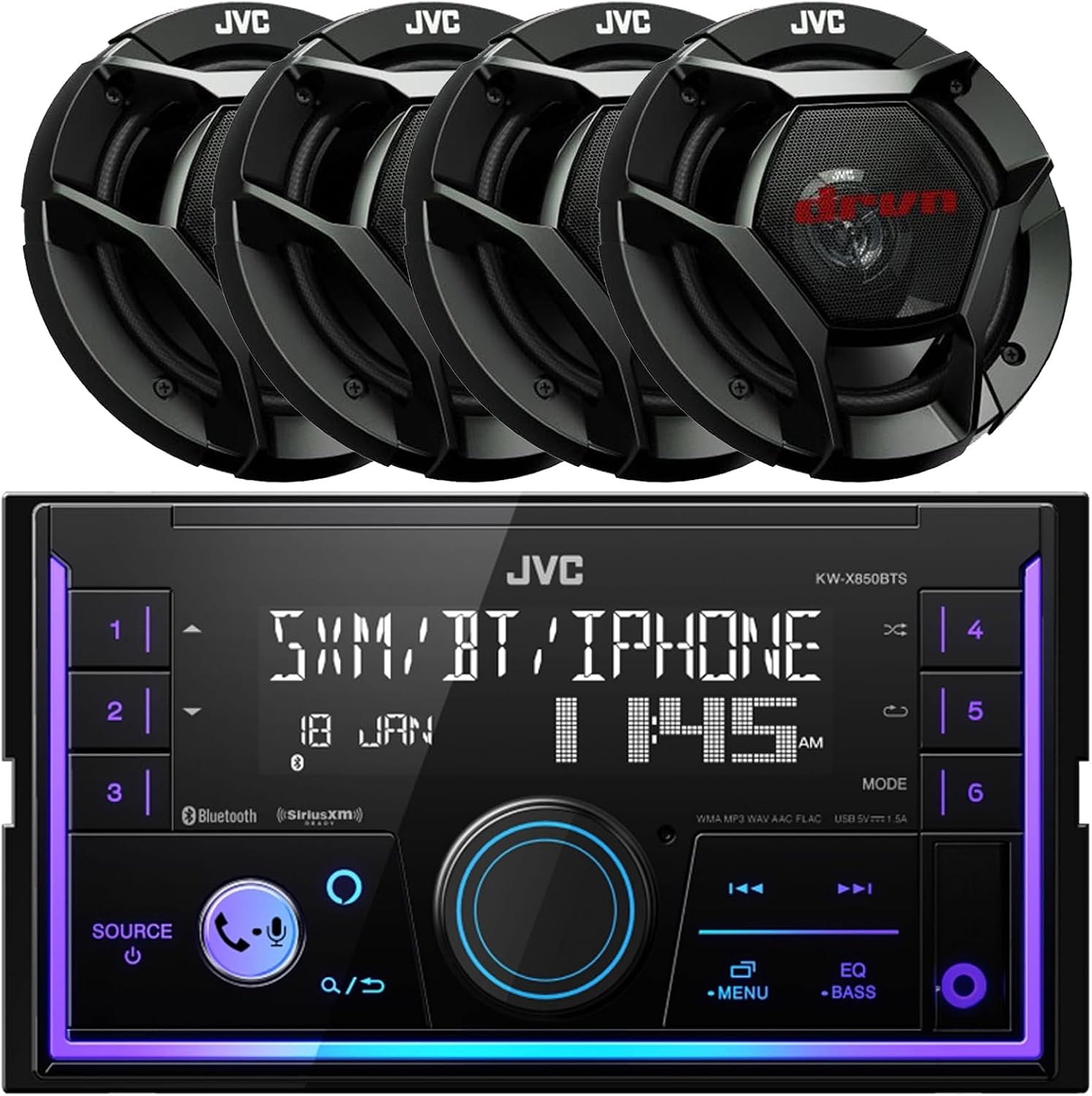 Radio Auto JVC Bluetooth USB AM/FM con 4 bocinas coaxiales de 6.5" miniatura 1
