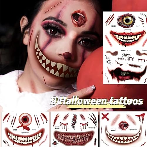 Miniatura 2 de 9 hojas de calcomanías de tatuaje de Halloween, broma de Halloween, tatuaje temporal, tatuajes de Halloween, tatuajes de cara de boca grande